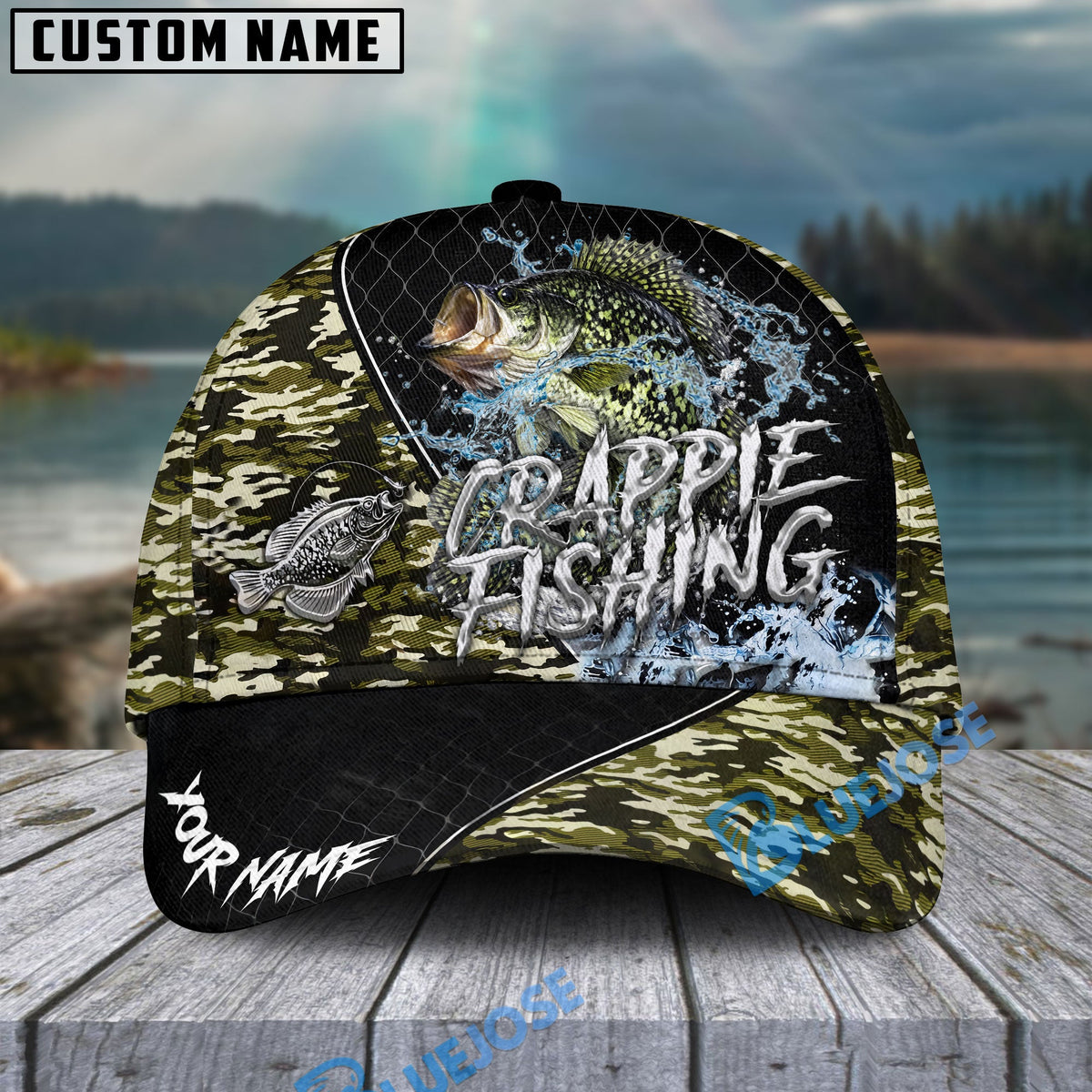 BlueJose Crappie Fishing Camo Grid Water Pattern Personalized Cap