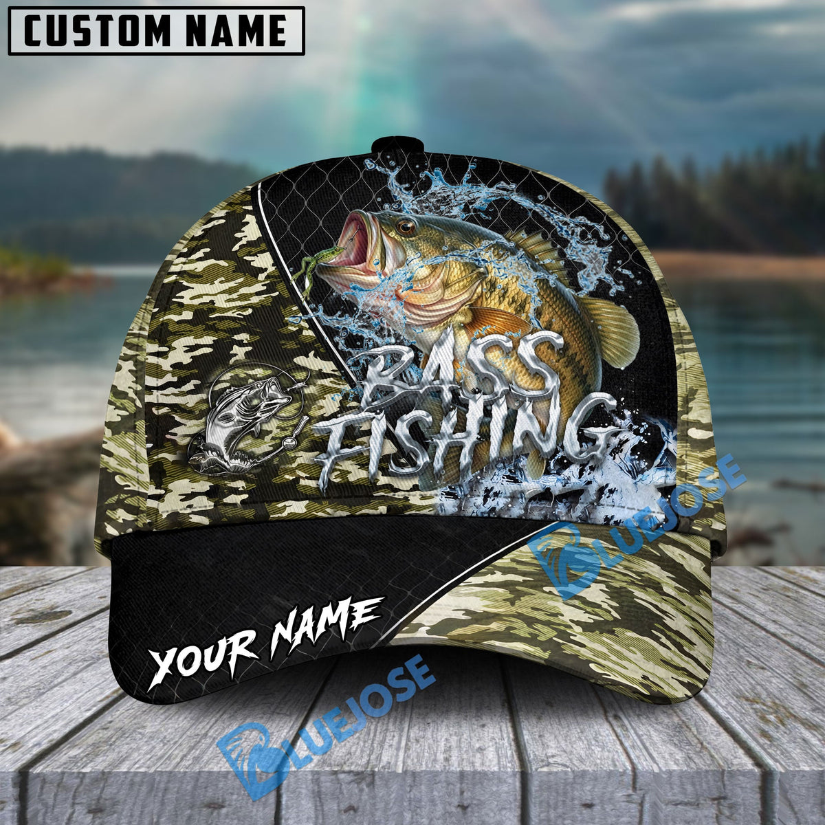 BlueJose Bass Fishing Camo Grid Water Pattern Personalized Cap