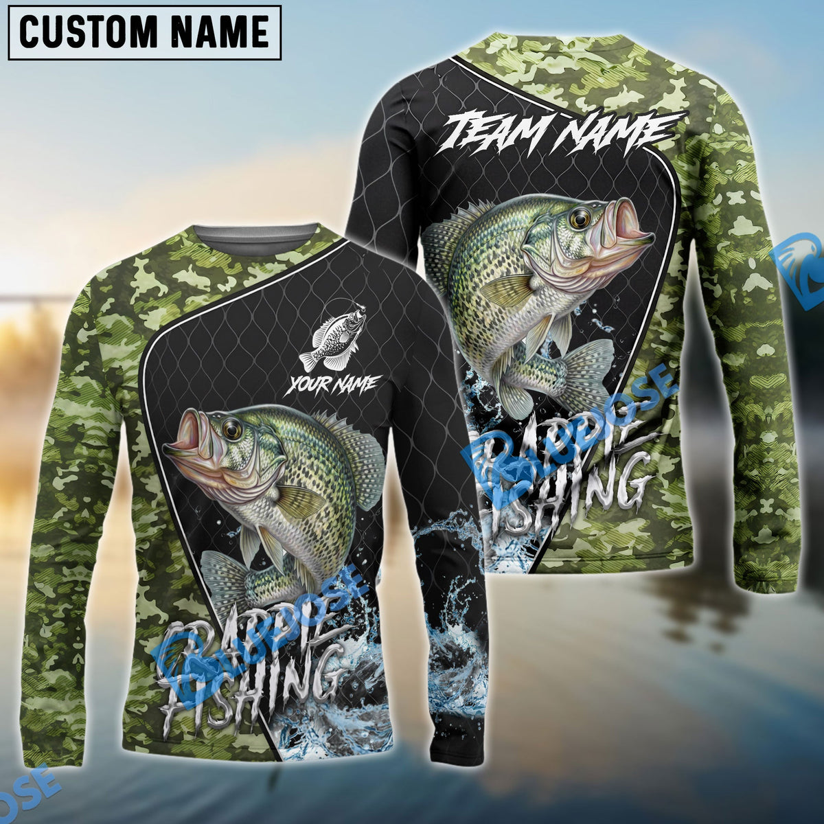 BlueJose Crappie Fishing Camo Grid Water Pattern Graphic Custom Name & Team Name 3D Shirts