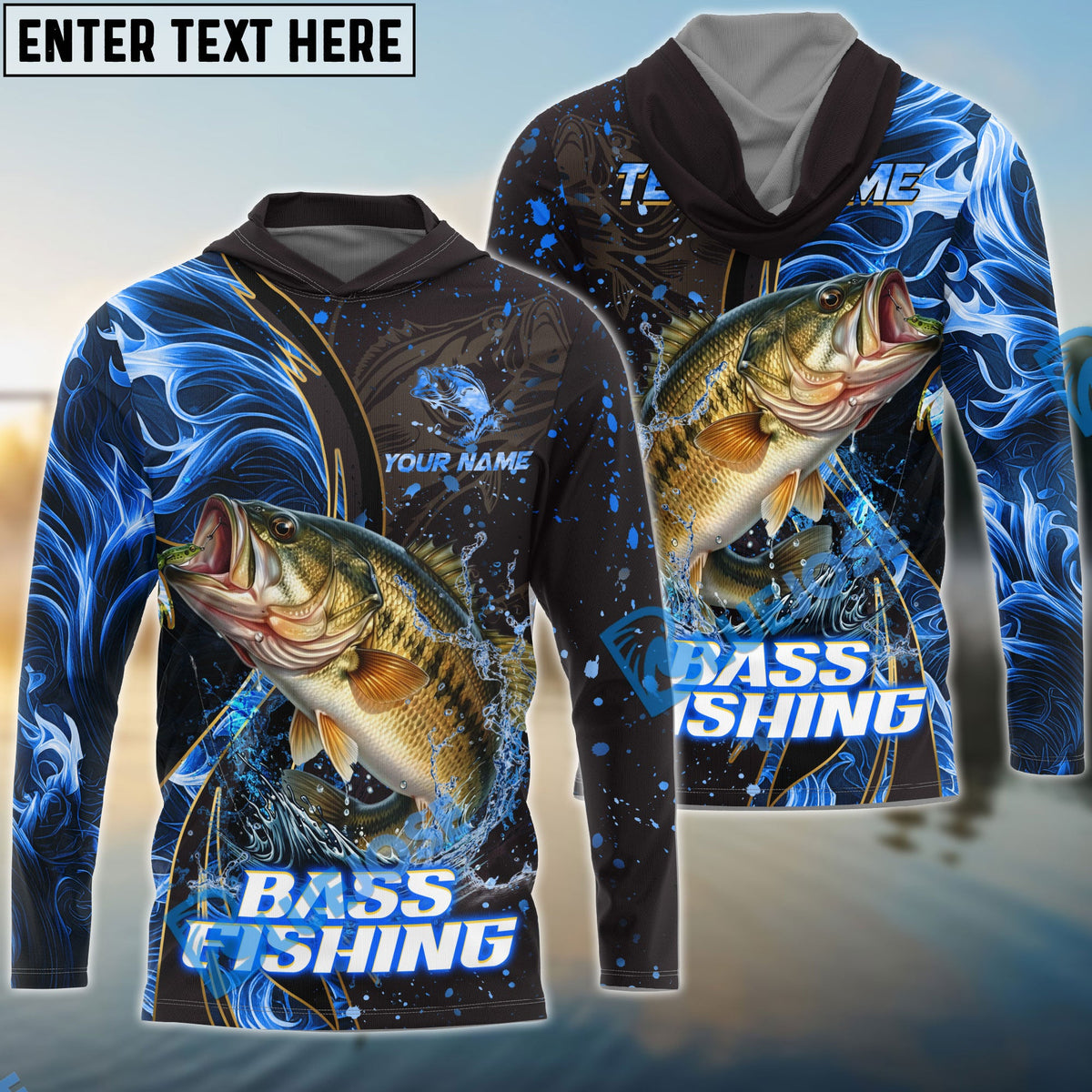 BlueJose Bass Fishing Blue Flame Smoke Line Premium Style Sport Custom Name & Team Name 3D Shirts