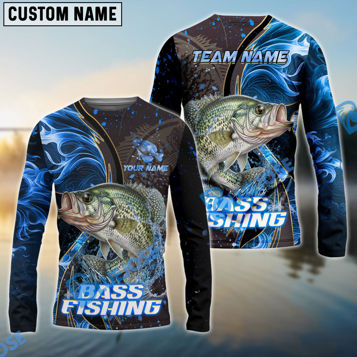 BlueJose Crappie Fishing Blue Flame Smoke Line Premium Style Sport Custom Name & Team Name 3D Shirts