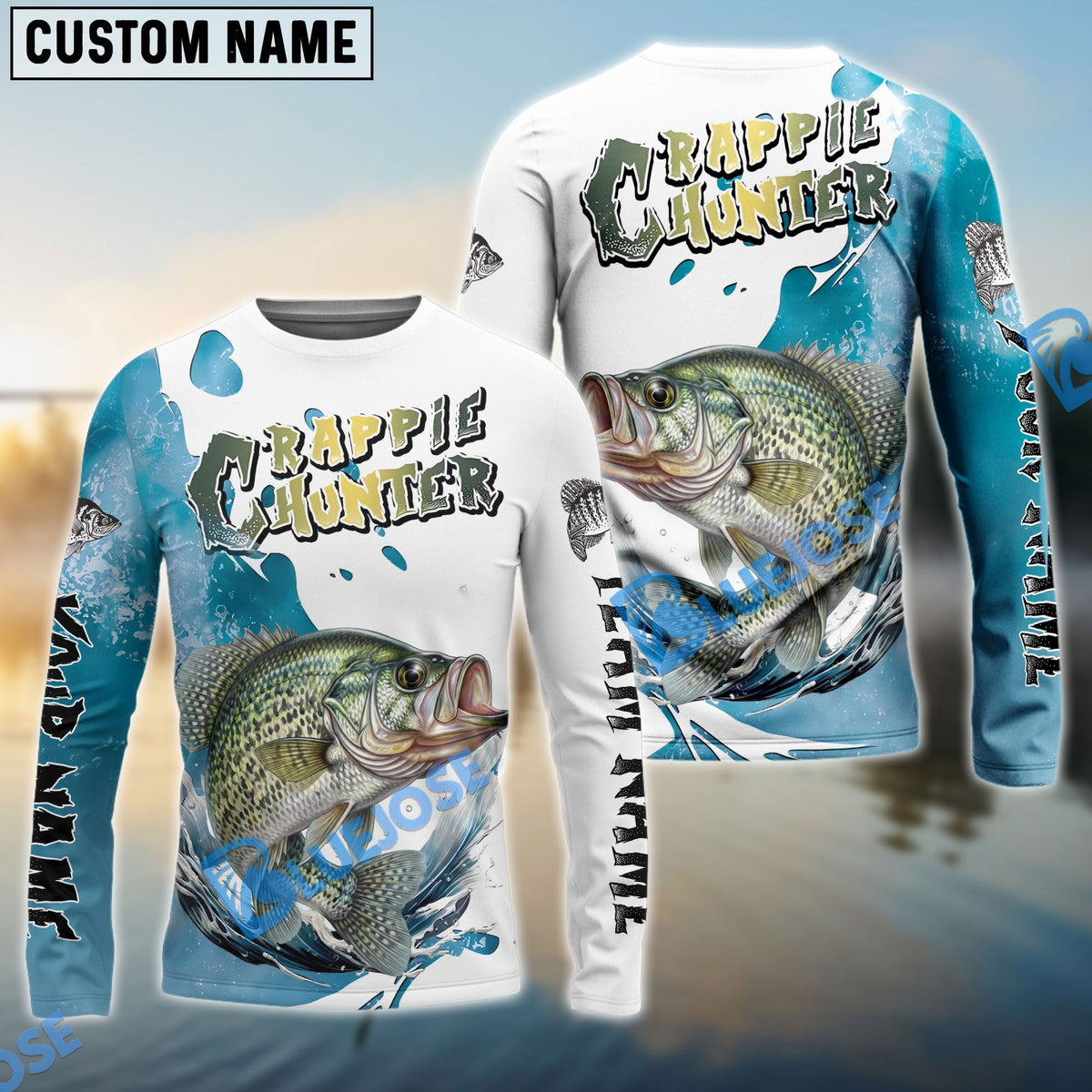 BlueJose Crappie Hunter Fishing Graphic Splash Effect Custom Name & Team Name 3D Shirts