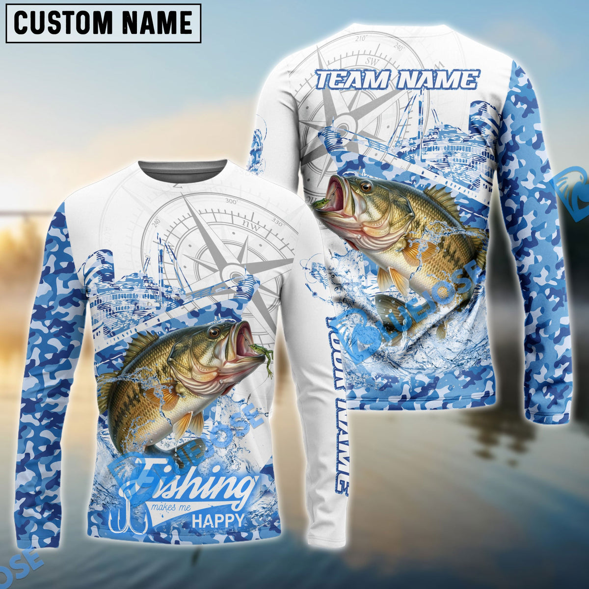 BlueJose Bass Fishing Blue Camouflage Compass Hook Design Pattern Custom Name & Team Name 3D Shirts