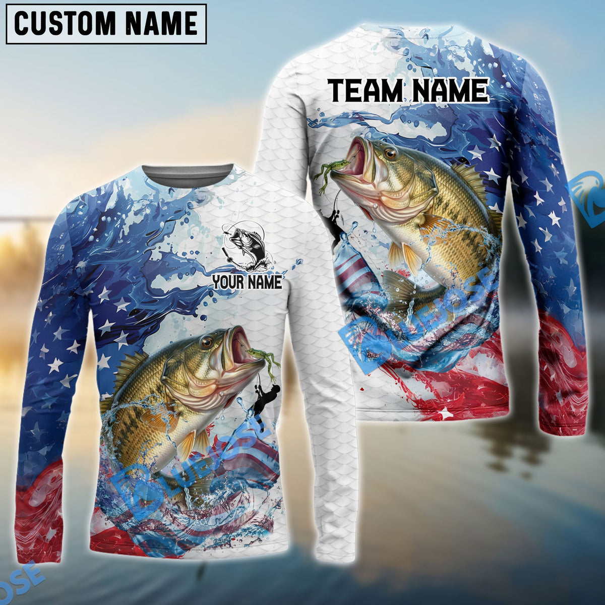 BlueJose Bass Fishing Patriotic American Flag Wave White Skin Custom Name & Team Name 3D Shirts