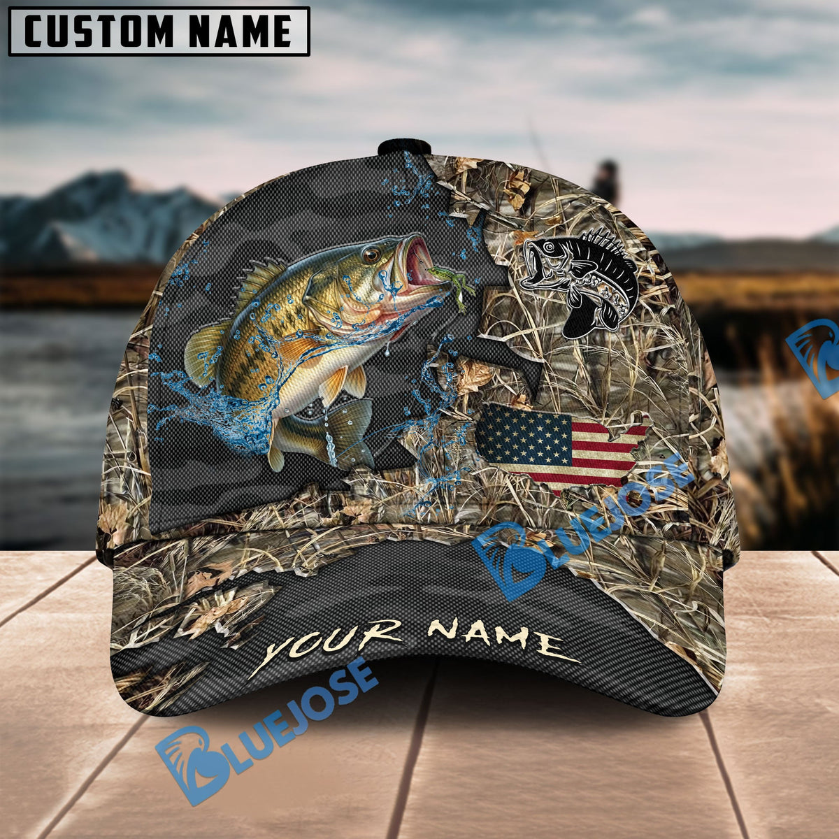 BlueJose Bass Fishing American Flag Map Camo Pattern Personalized Cap