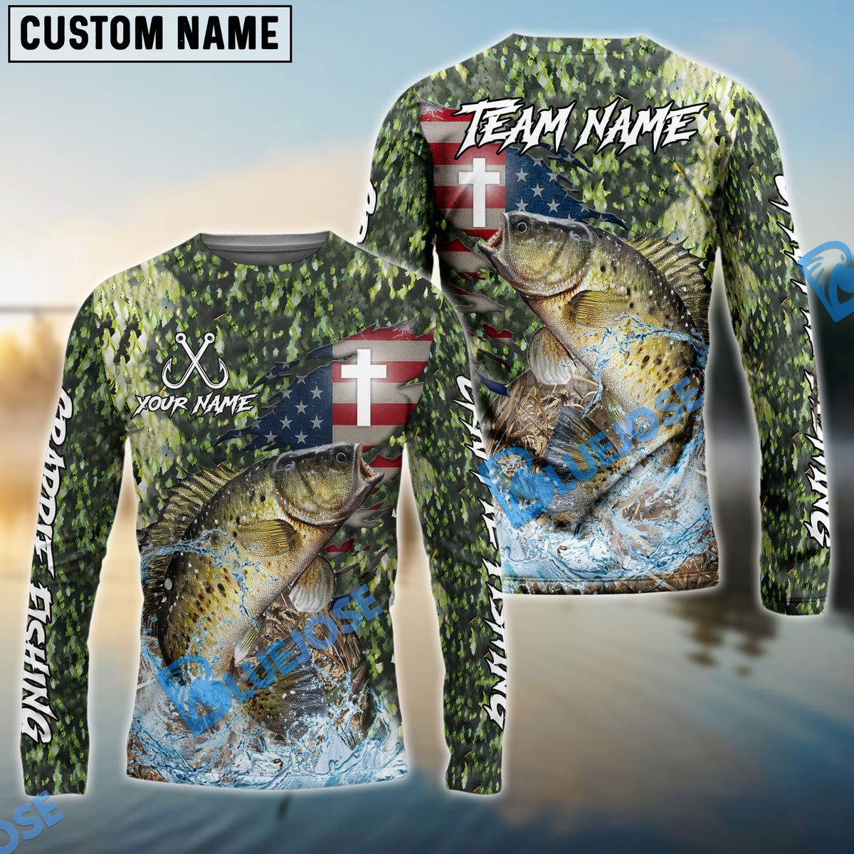 BlueJose Crappie Fishing American Flag Camo Cross Skin Custom Name & Team Name 3D Shirts