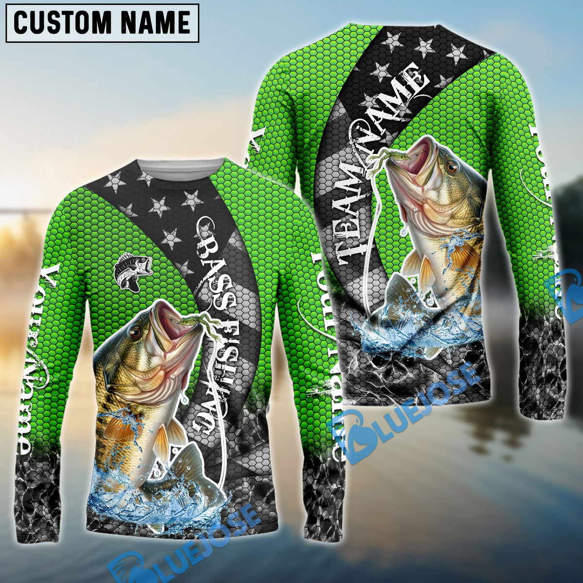 BlueJose Bass Fishing American Flag Green Stars Custom Name & Team Name 3D Shirts