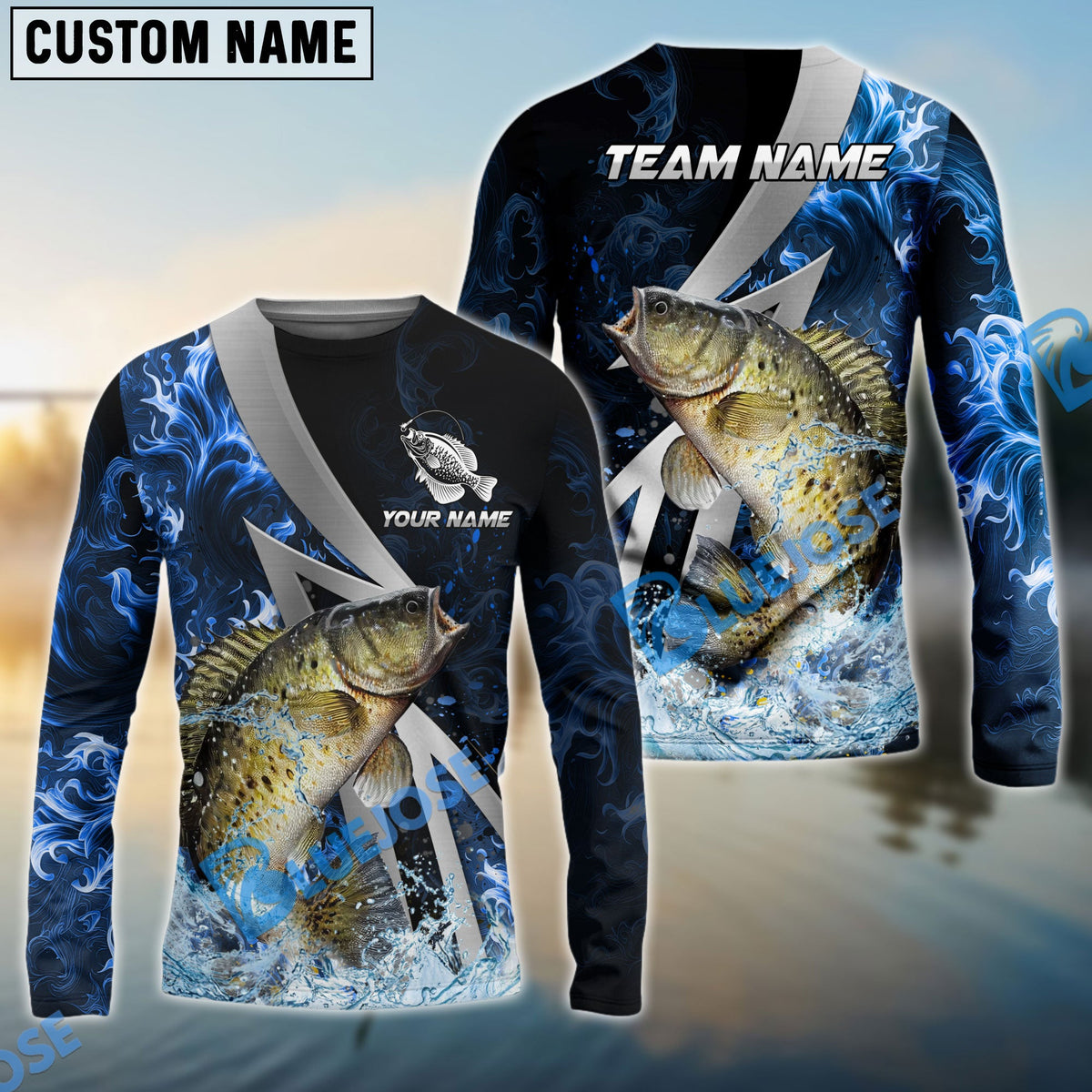 BlueJose Crappie Fishing Blue Fire Splash Custom Name & Team Name 3D Shirts