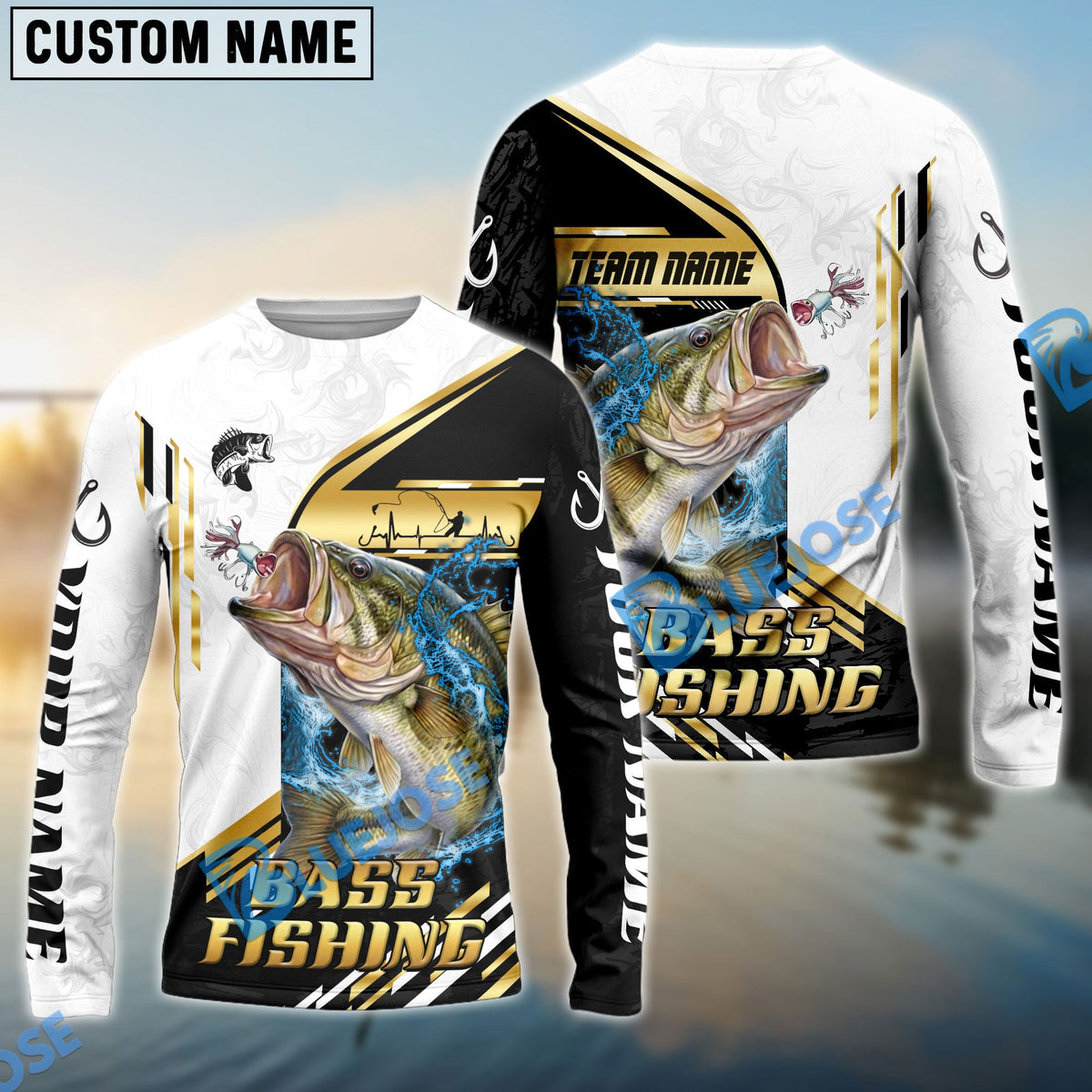 BlueJose Bass Fishing Hook Graphic & Jumping Fish Art Custom Name & Team Name 3D Shirts