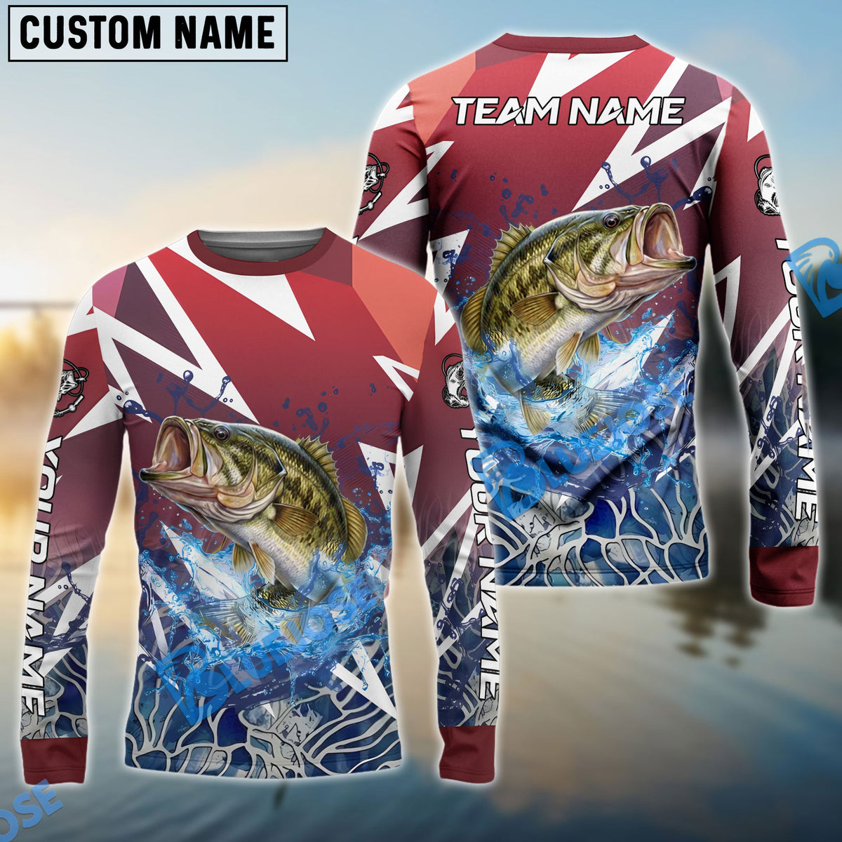 BlueJose Bass Fishing Red Fury Pattern Custom Name & Team Name 3D Shirts