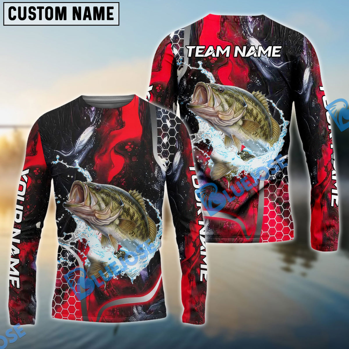 BlueJose Bass Fishing Red Thunder Custom Name & Team Name 3D Shirts