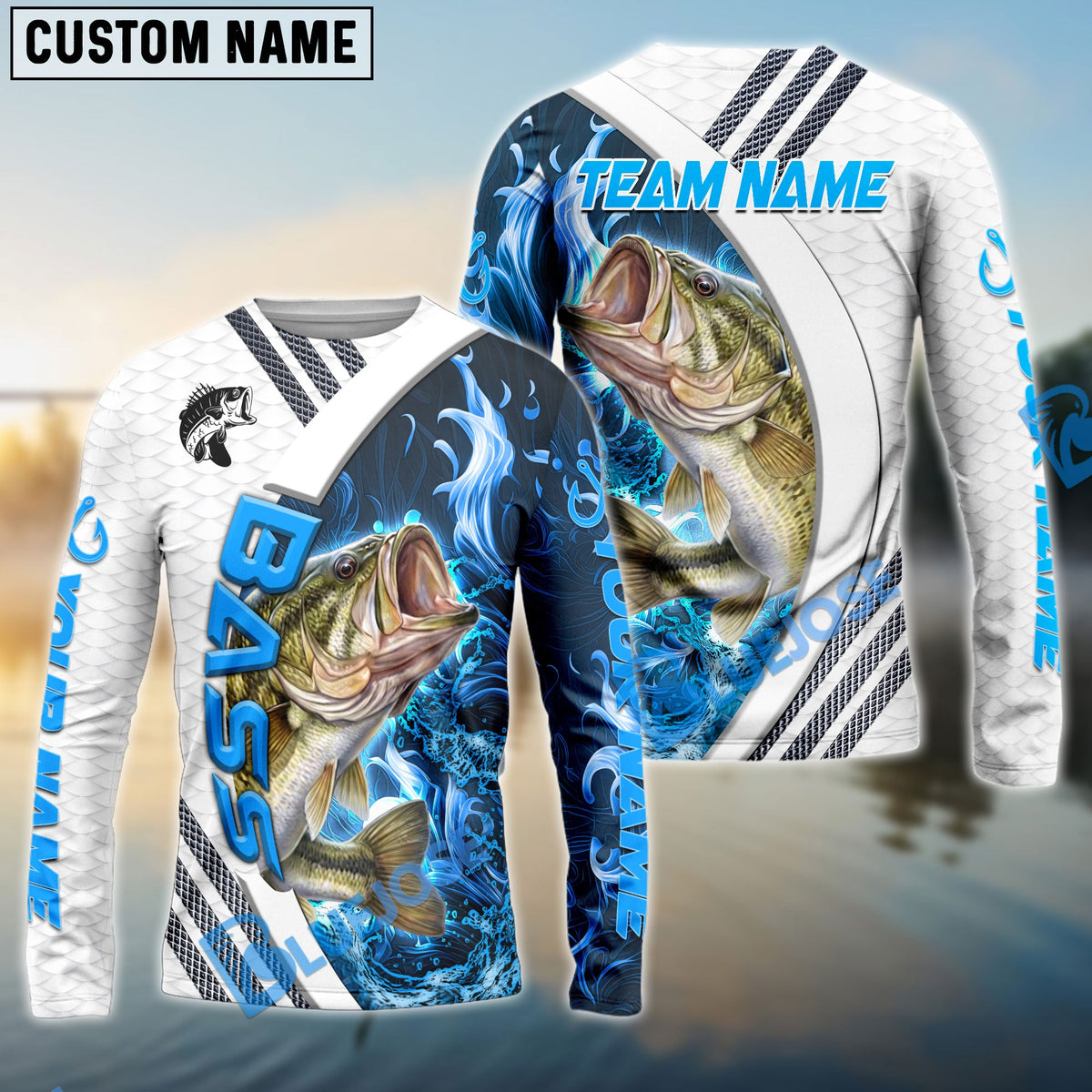 BlueJose Bass Fishing White Blue Lava Sport Custom Name & Team Name 3D Shirts