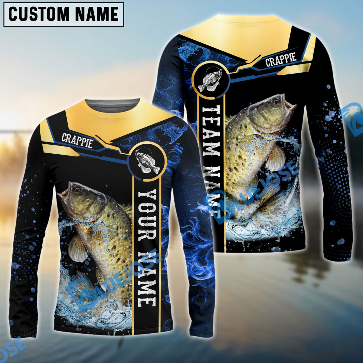 BlueJose Crappie Fishing Golden With Blue Flame Pattern Custom Name & Team Name 3D Shirts