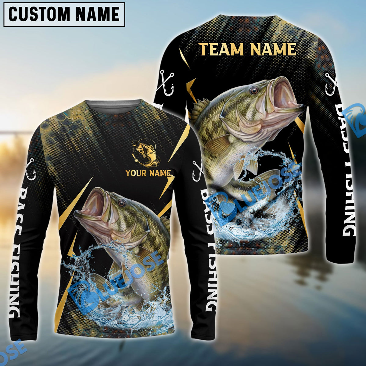 BlueJose Bass Fishing Golden With Skinfish Pattern Custom Name & Team Name 3D Shirts