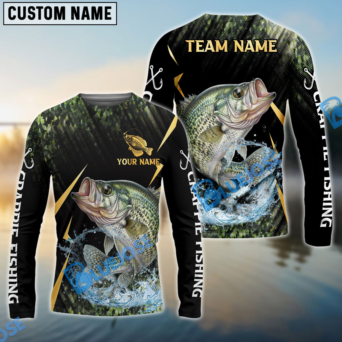 BlueJose Crappie Fishing Golden With Skinfish Pattern Custom Name & Team Name 3D Shirts