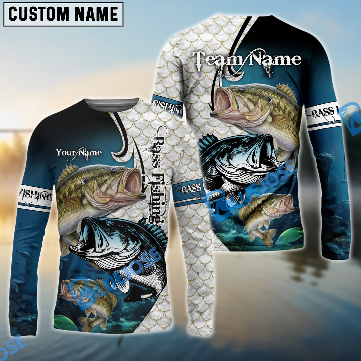 BlueJose Bass Fishing Big Fin Pattern Custom Name & Team Name 3D Shirts