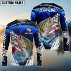 BlueJose Bass Fishing Dark Blue Scratch American Flag scratch Sport Custom Name & Team Name 3D Shirts