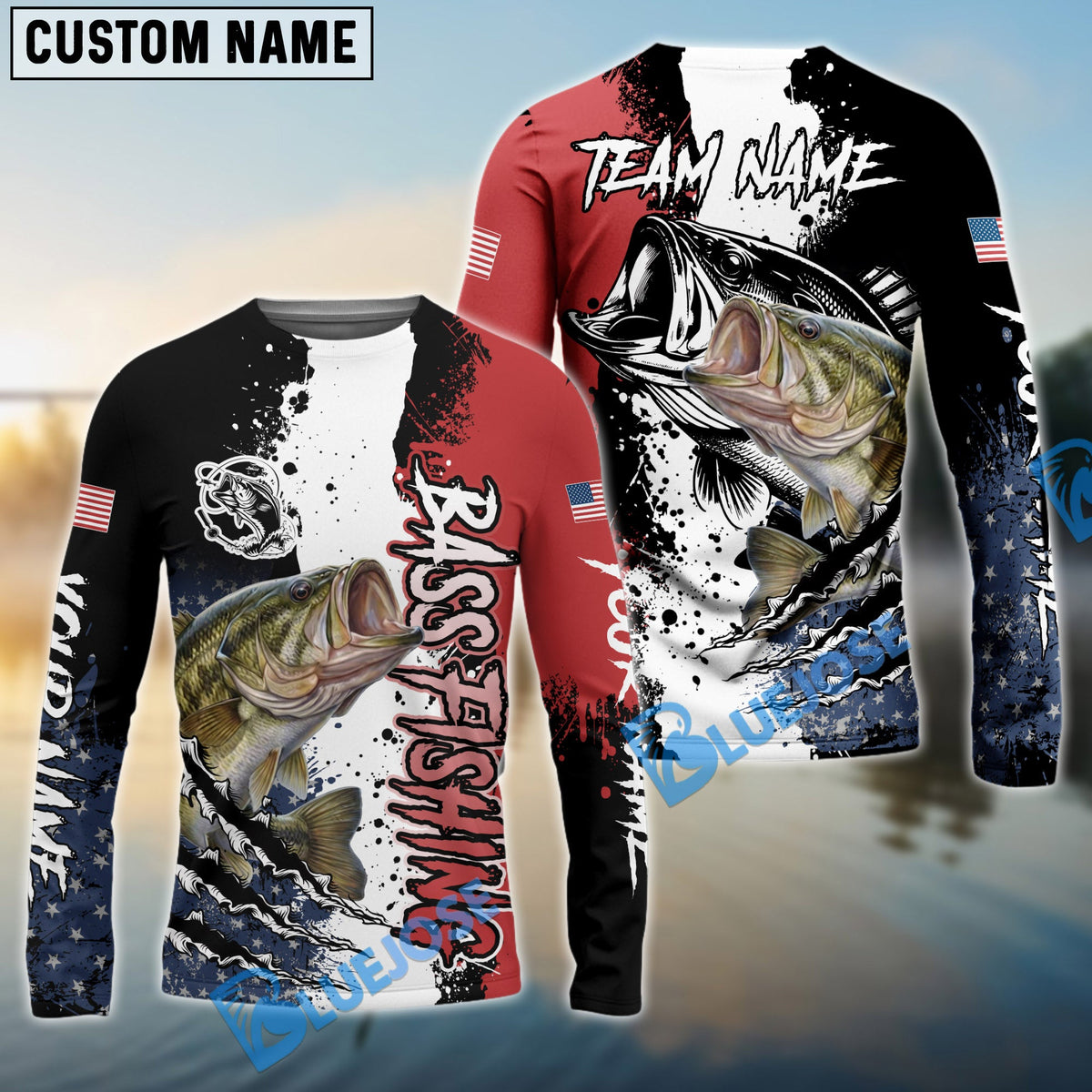BlueJose Bass Fishing Paint Scratch American Flag scratch Sport Custom Name & Team Name 3D Shirts