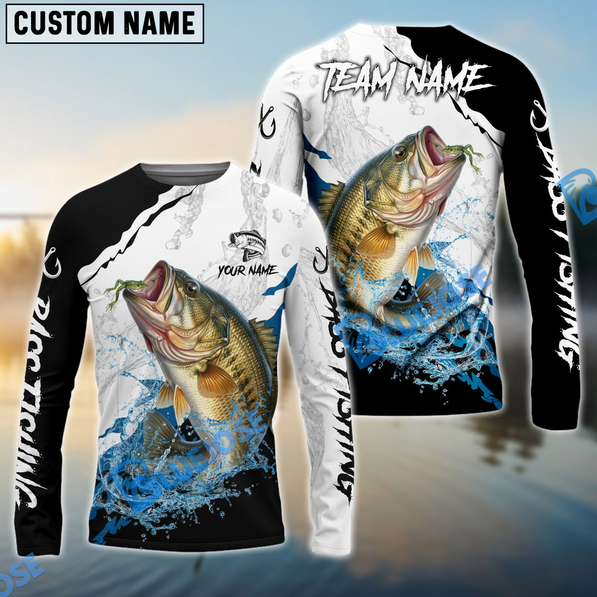 BlueJose Bass Fishing Black White Water Flow Custom Name & Team Name 3D Shirts