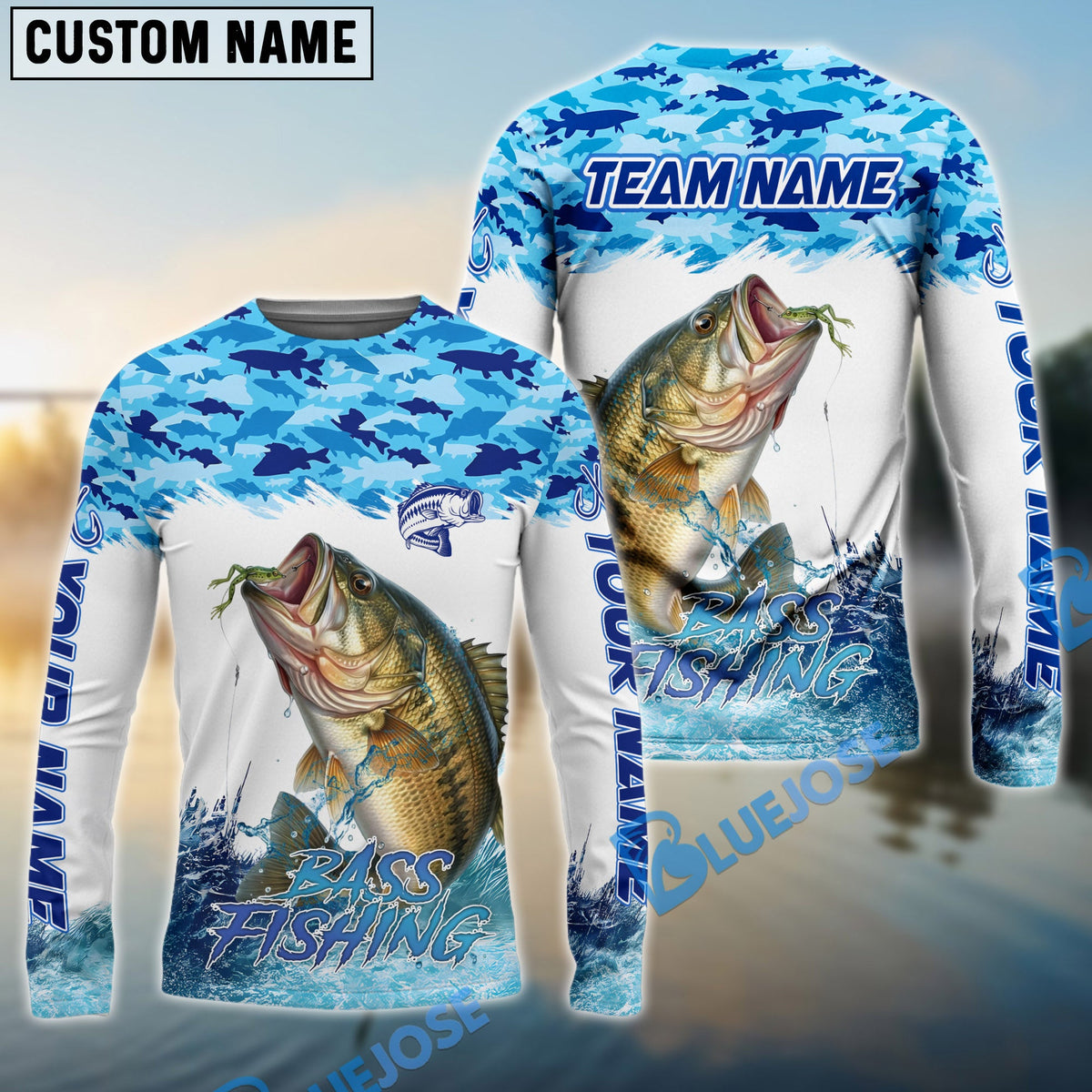 BlueJose Bass Fishing Blue Water Camo Custom Name & Team Name 3D Shirts
