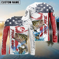 BlueJose Bass Fishing American Flag Red Blue Seawave Custom Name & Team Name 3D Shirts