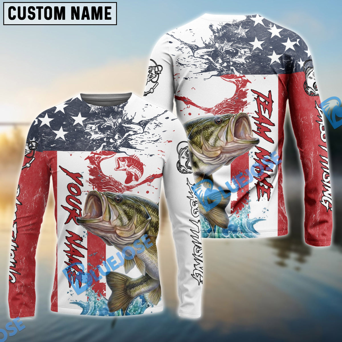 BlueJose Bass Fishing American Flag Red Blue Seawave Custom Name & Team Name 3D Shirts