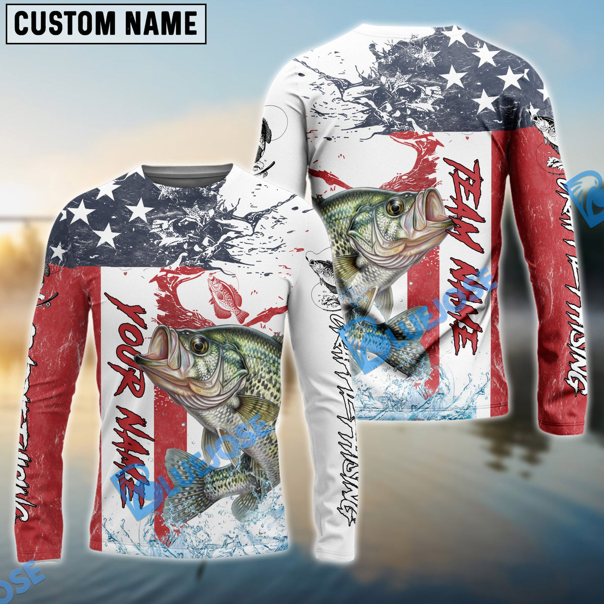 BlueJose Crappie Fishing American Flag Red Blue Seawave Custom Name & Team Name 3D Shirts
