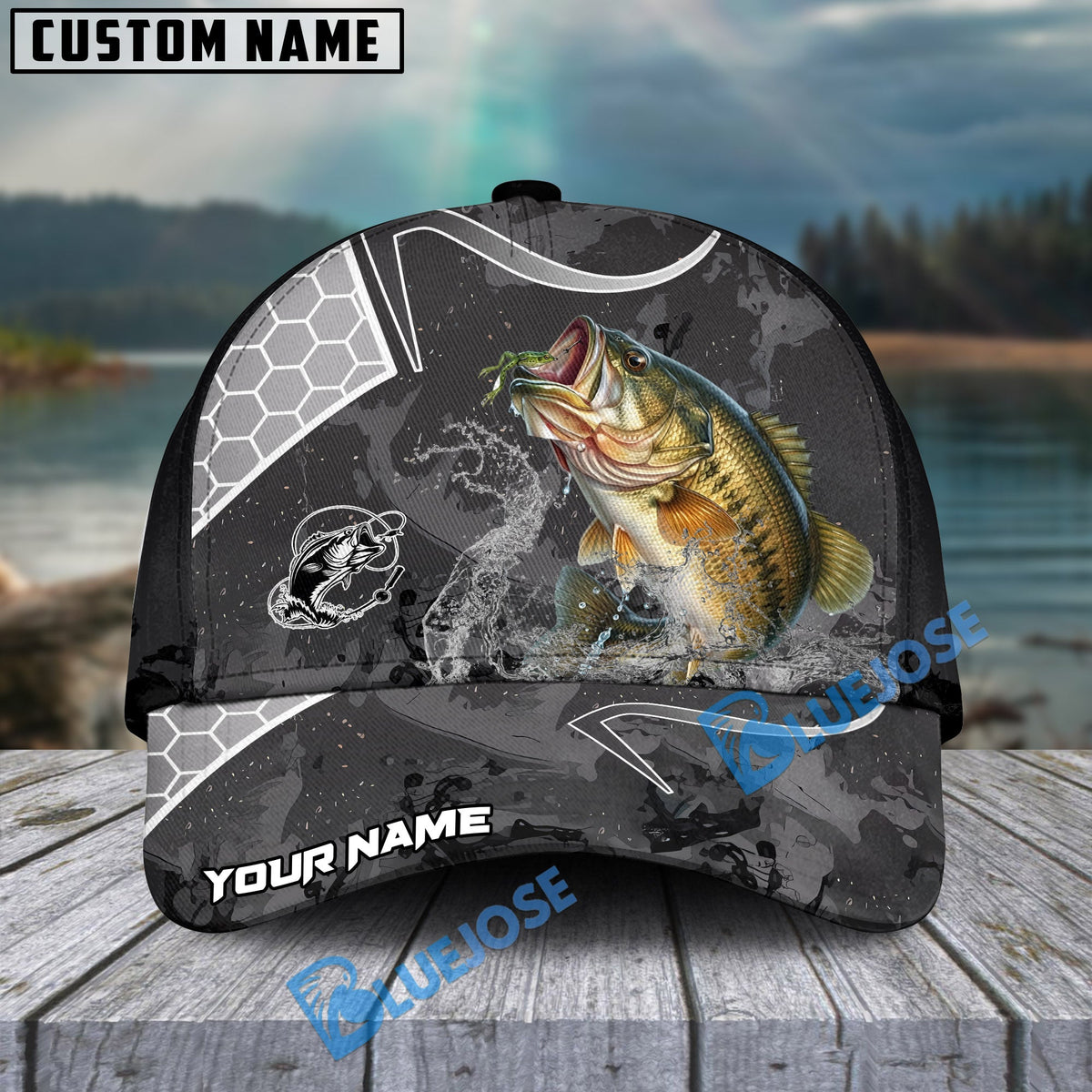 BlueJose Bass Fishing Gray Camo Sport Personalized Cap