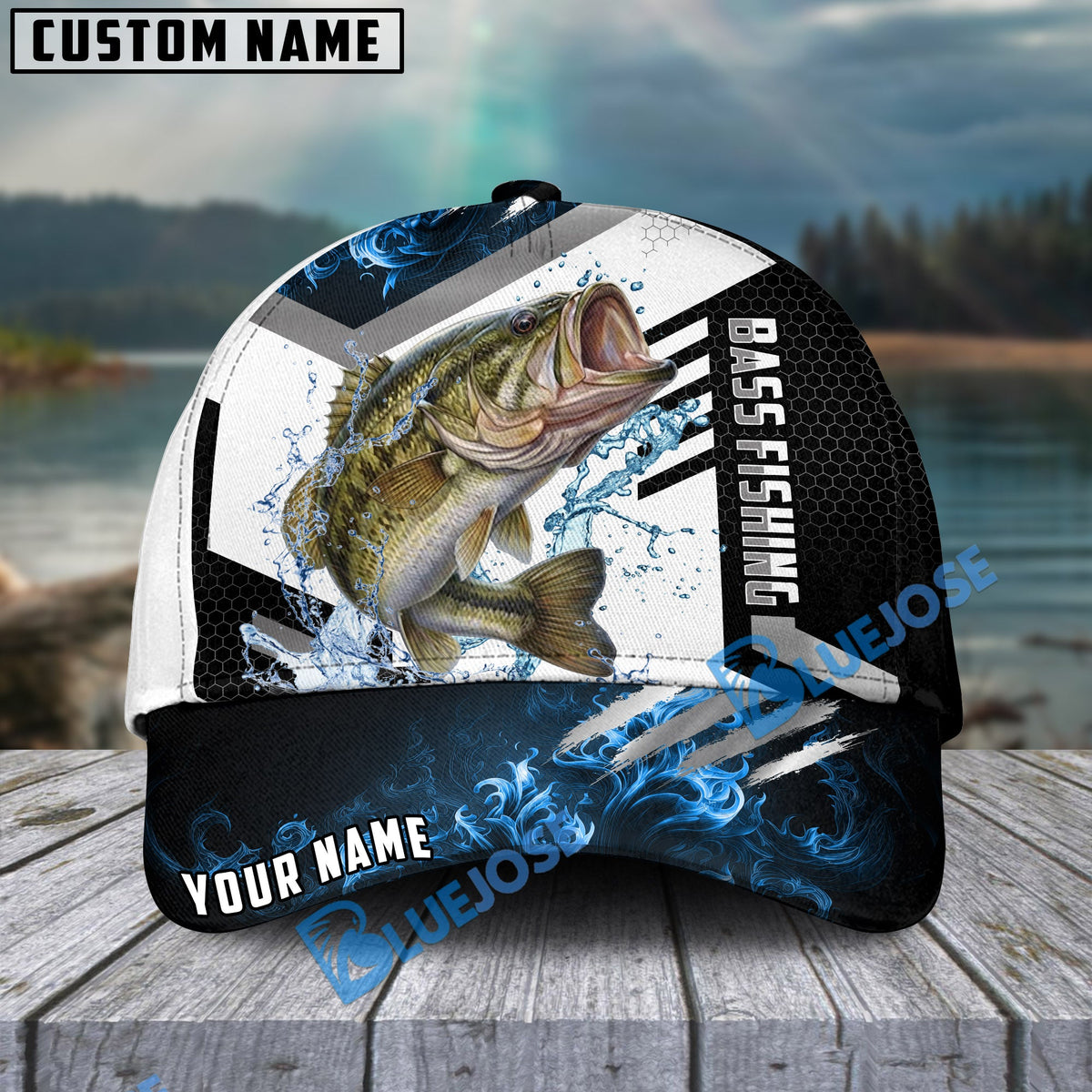 BlueJose Bass Fishing Blue Flame Sport Personalized Cap