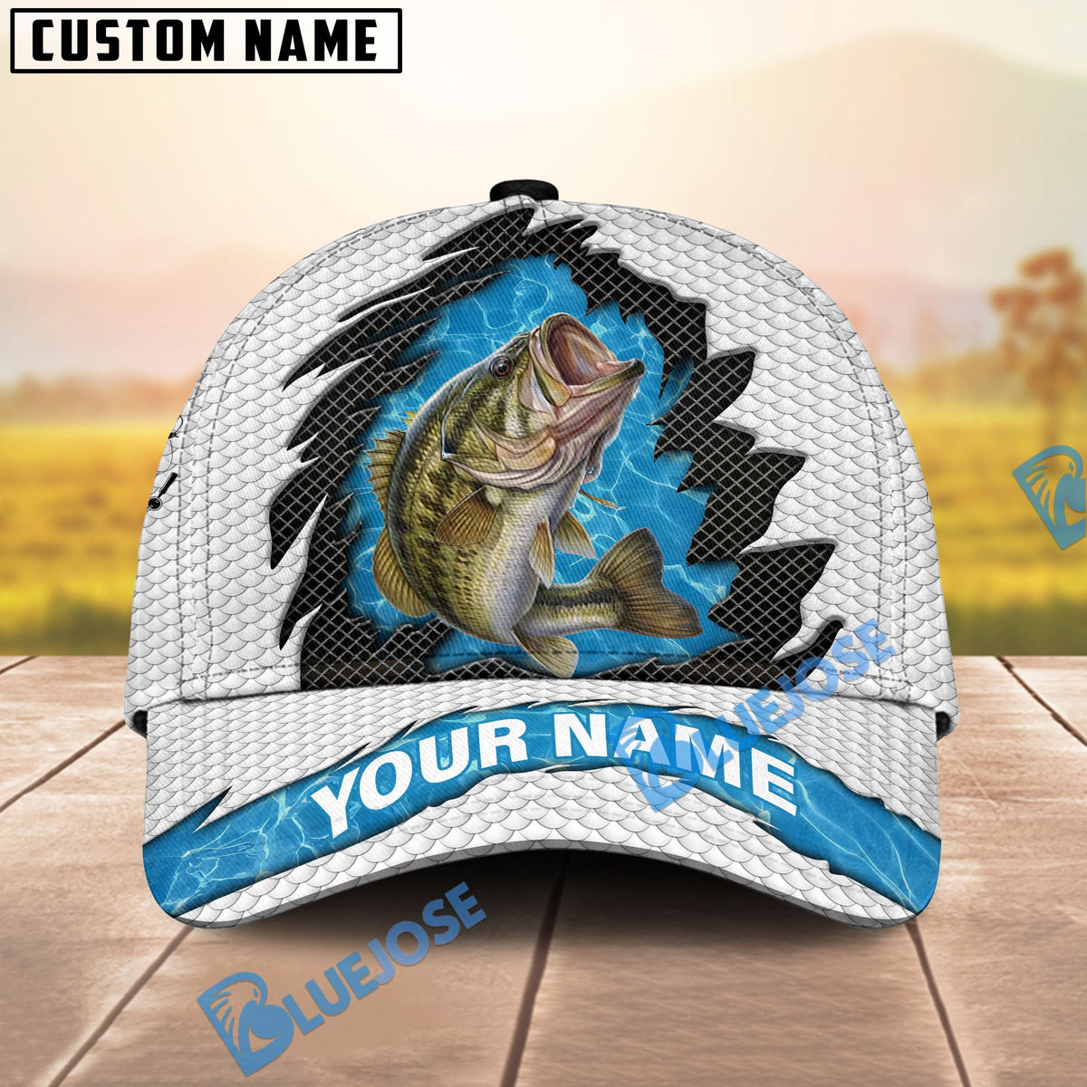 BlueJose Personalized Bass Fishing White Blue Wave Fishnet Classic Cap