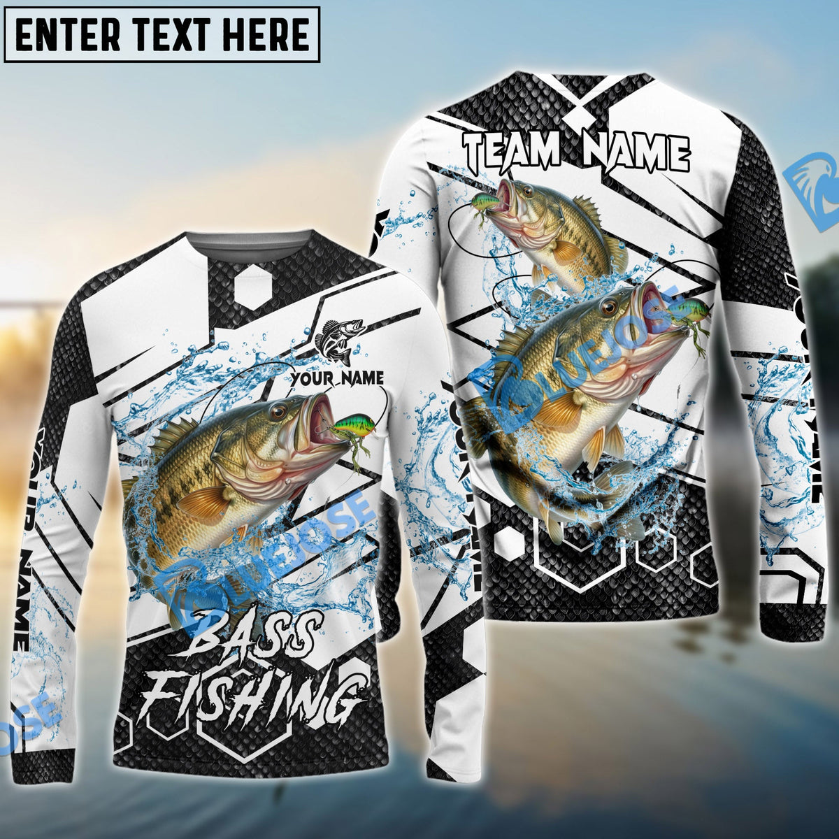 BlueJose Bass Fishing White Gray Black Hexagon Sport Custom Name & Team Name 3D Shirts
