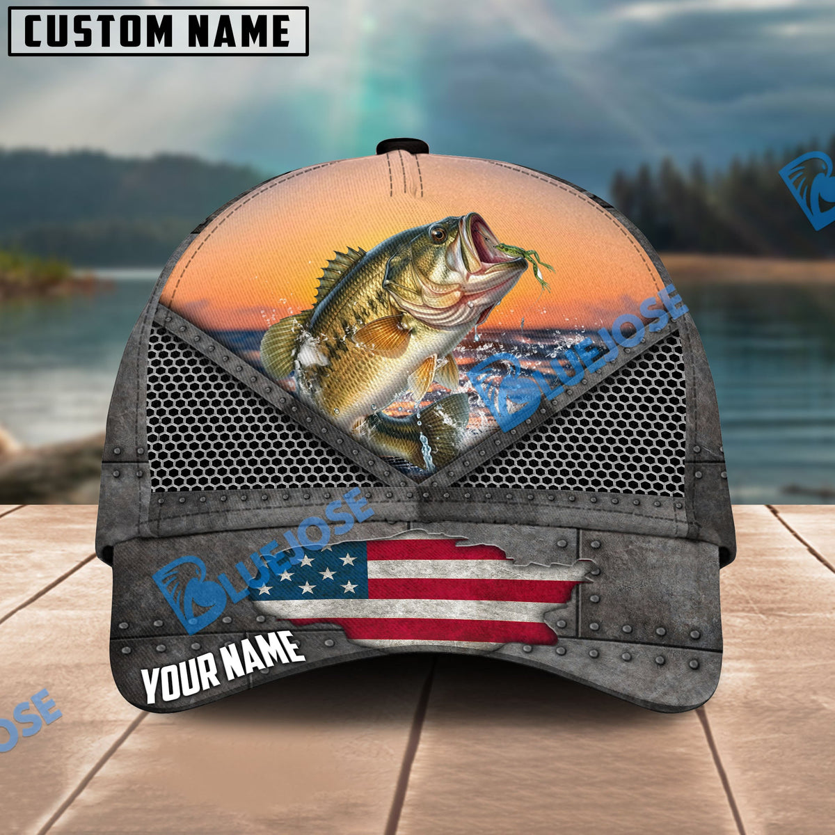 BlueJose Bass Fishing Sunset Personalized Cap