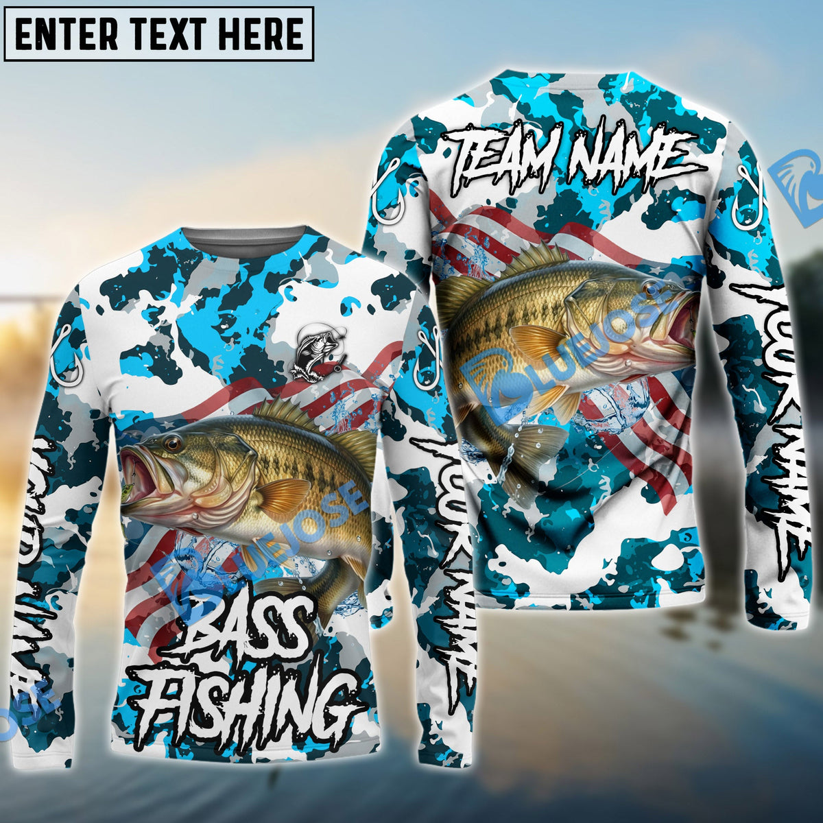 BlueJose Bass Fishing American Flag Light Blue Camo Custom Name & Team Name 3D Shirts