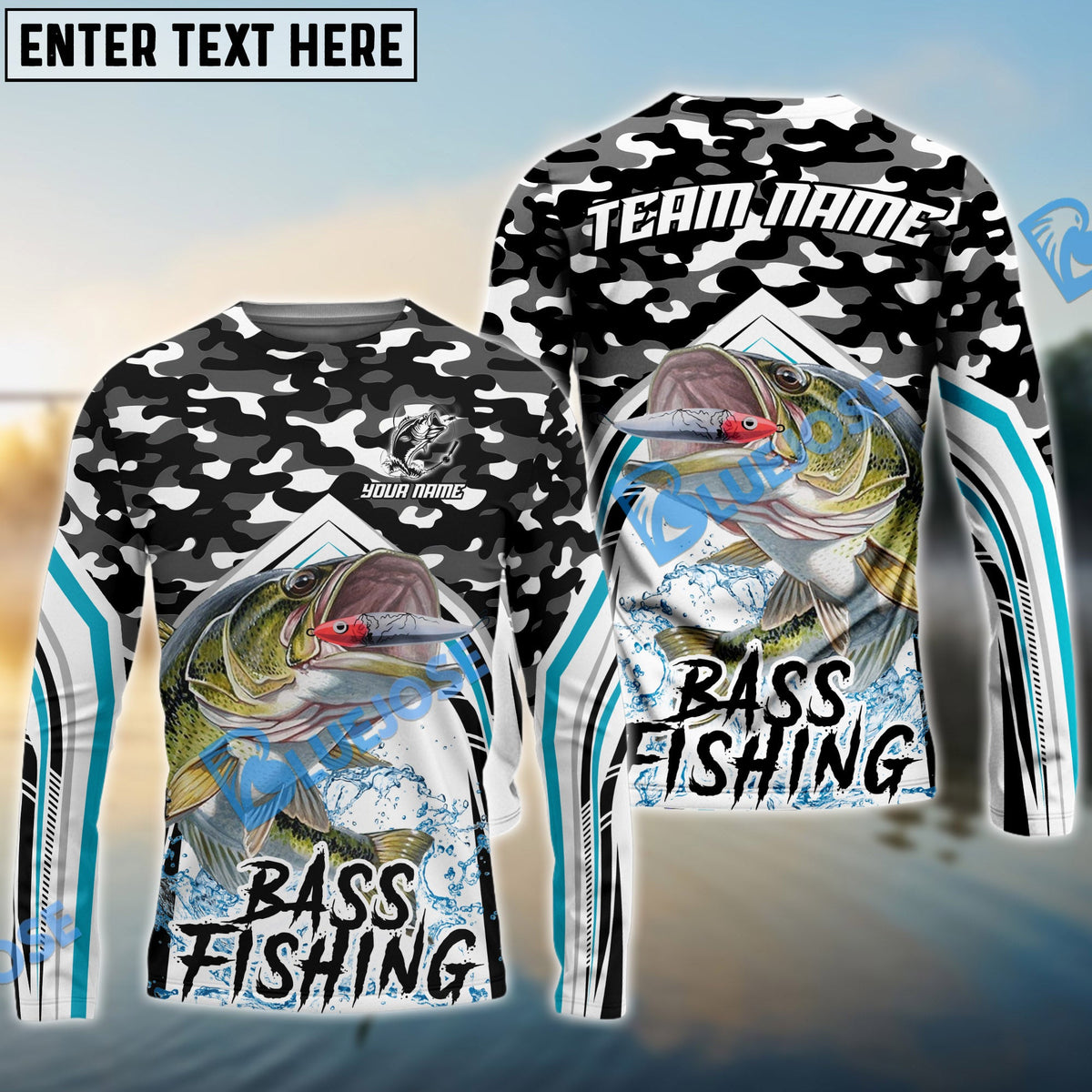 BlueJose Bass Fishing Black Camo Sport Custom Name & Team Name 3D Shirts