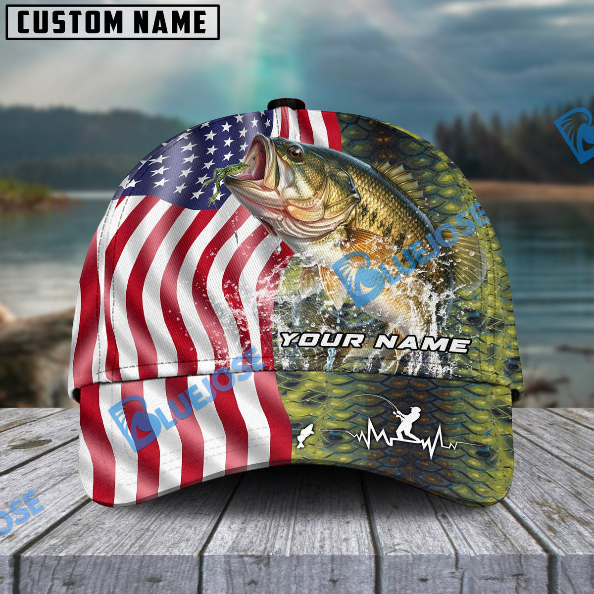 BlueJose Personalized Bass Skin American Flag Fishing Classic Cap
