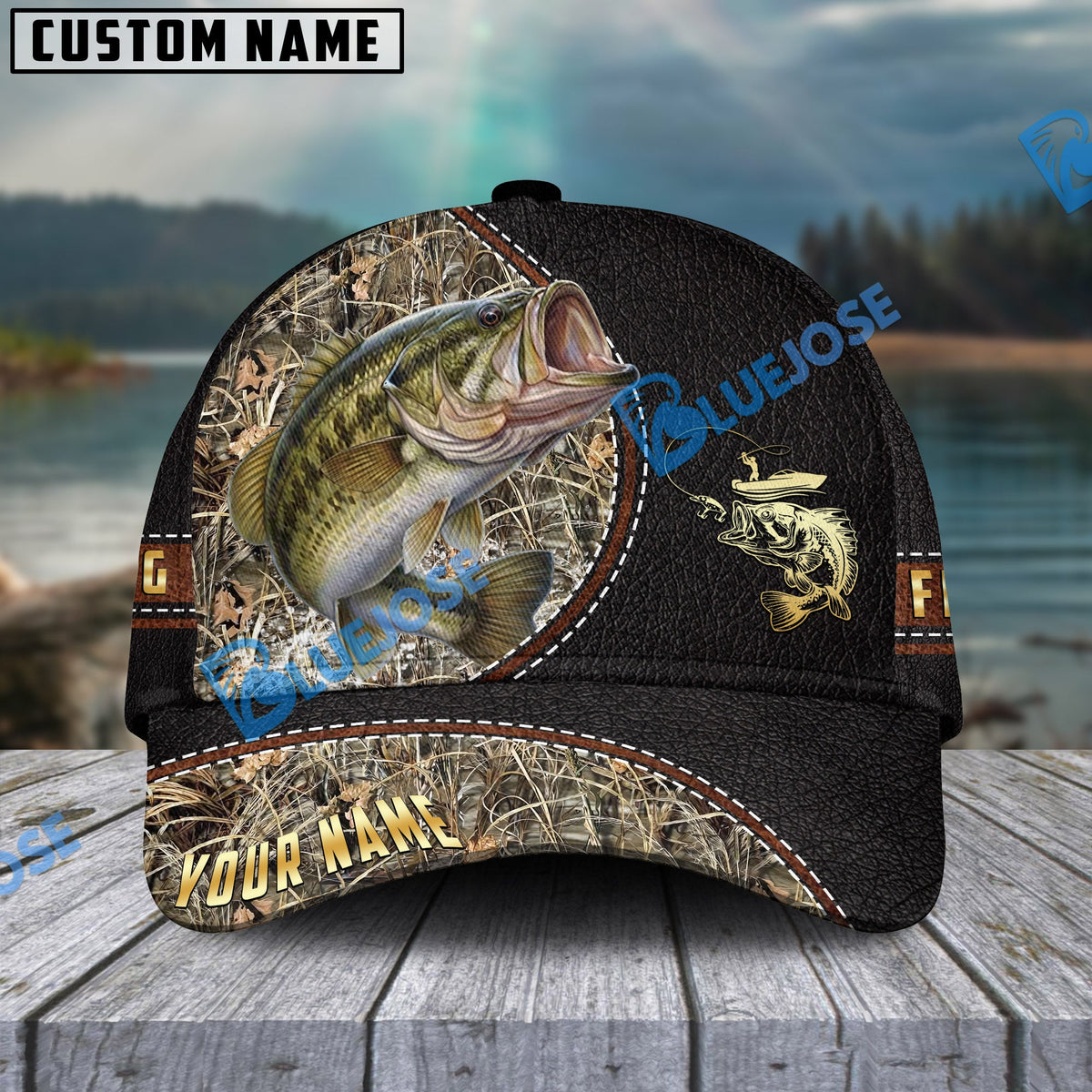 BlueJose Personalized Bass Black Leather Camo Pattern Fishing Classic Cap