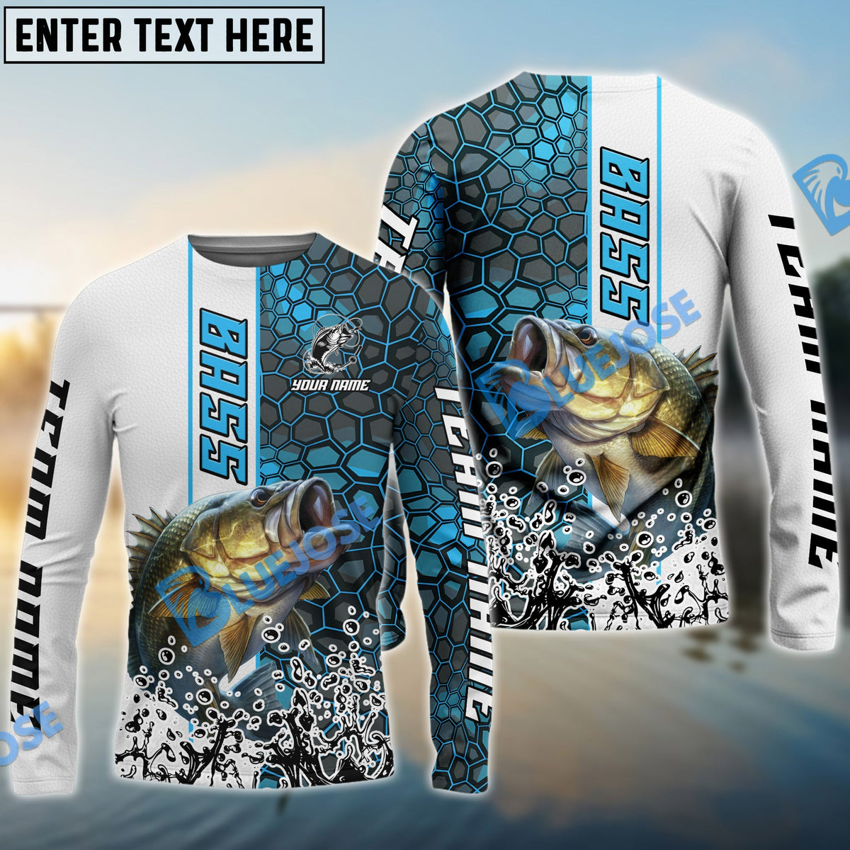 BlueJose Bass Fishing Blue Fin Bling Camo Sport Custom Name & Team Name 3D Shirts