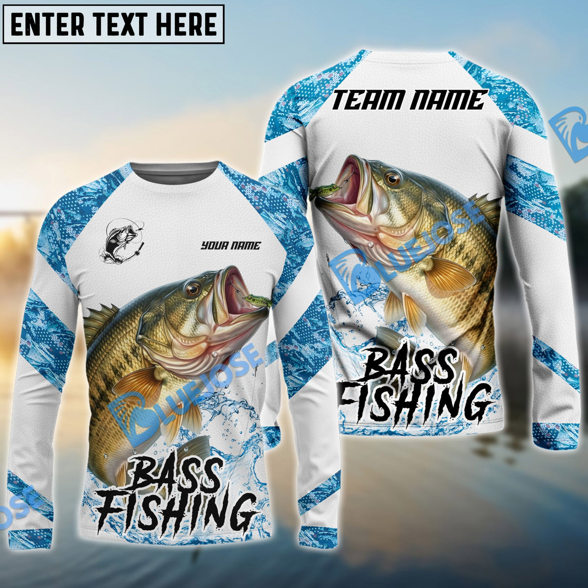 BlueJose Bass Fishing Blue Camo White Pattern Sport Custom Name & Team Name 3D Shirts
