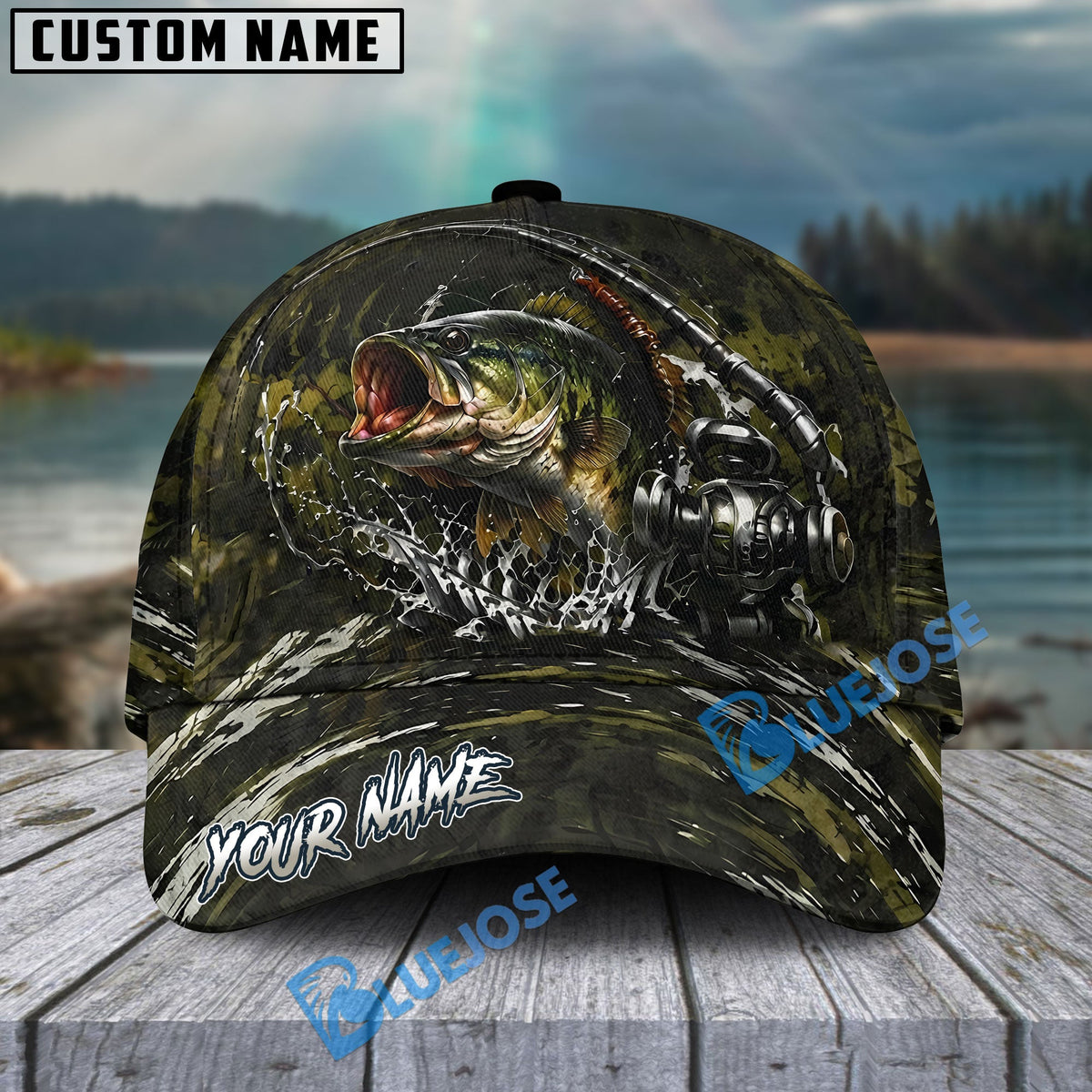BlueJose Fishing Camouflage Water Splash Rod Reel Personalized Cap (13 Breeds)