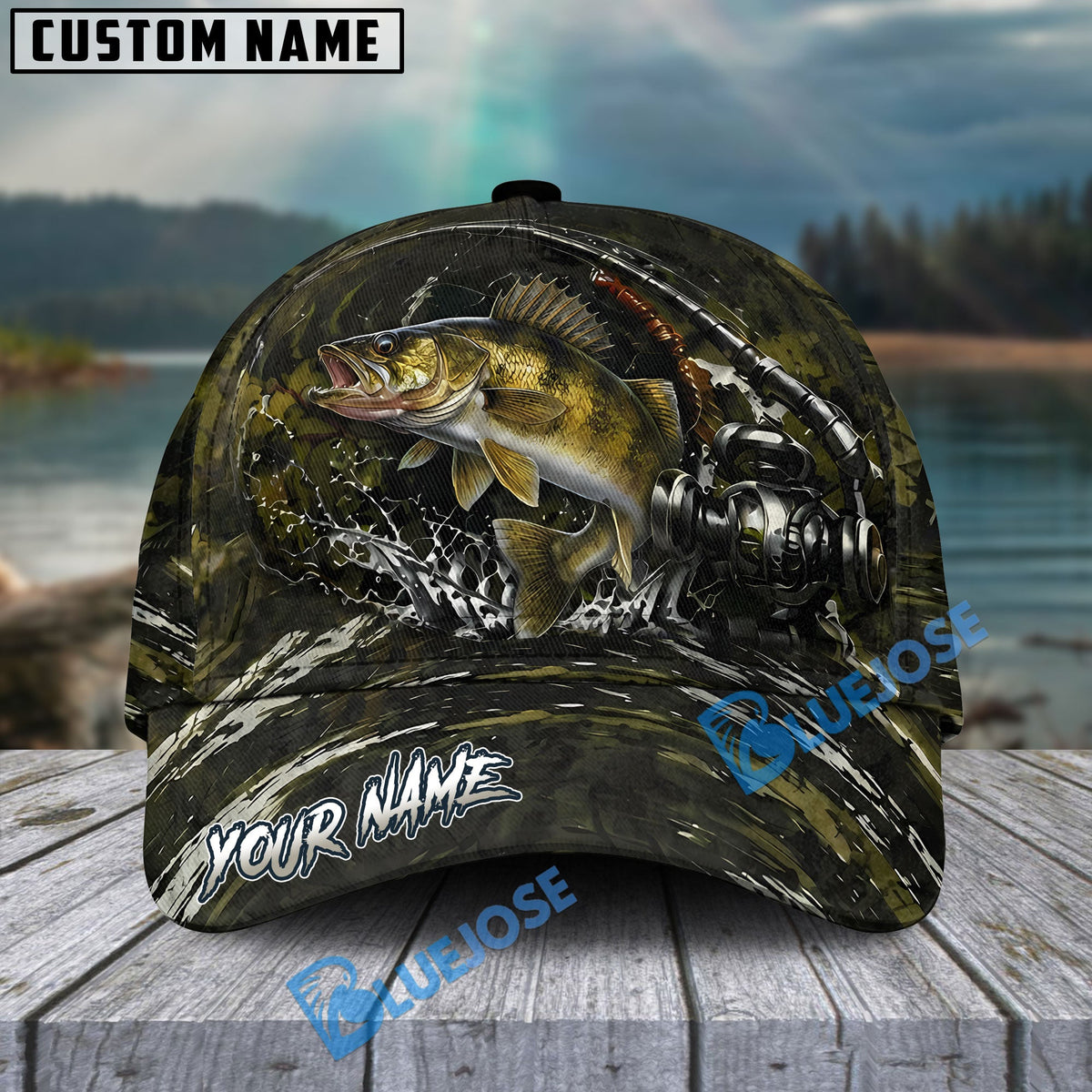 BlueJose Fishing Camouflage Water Splash Rod Reel Personalized Cap (13 Breeds)