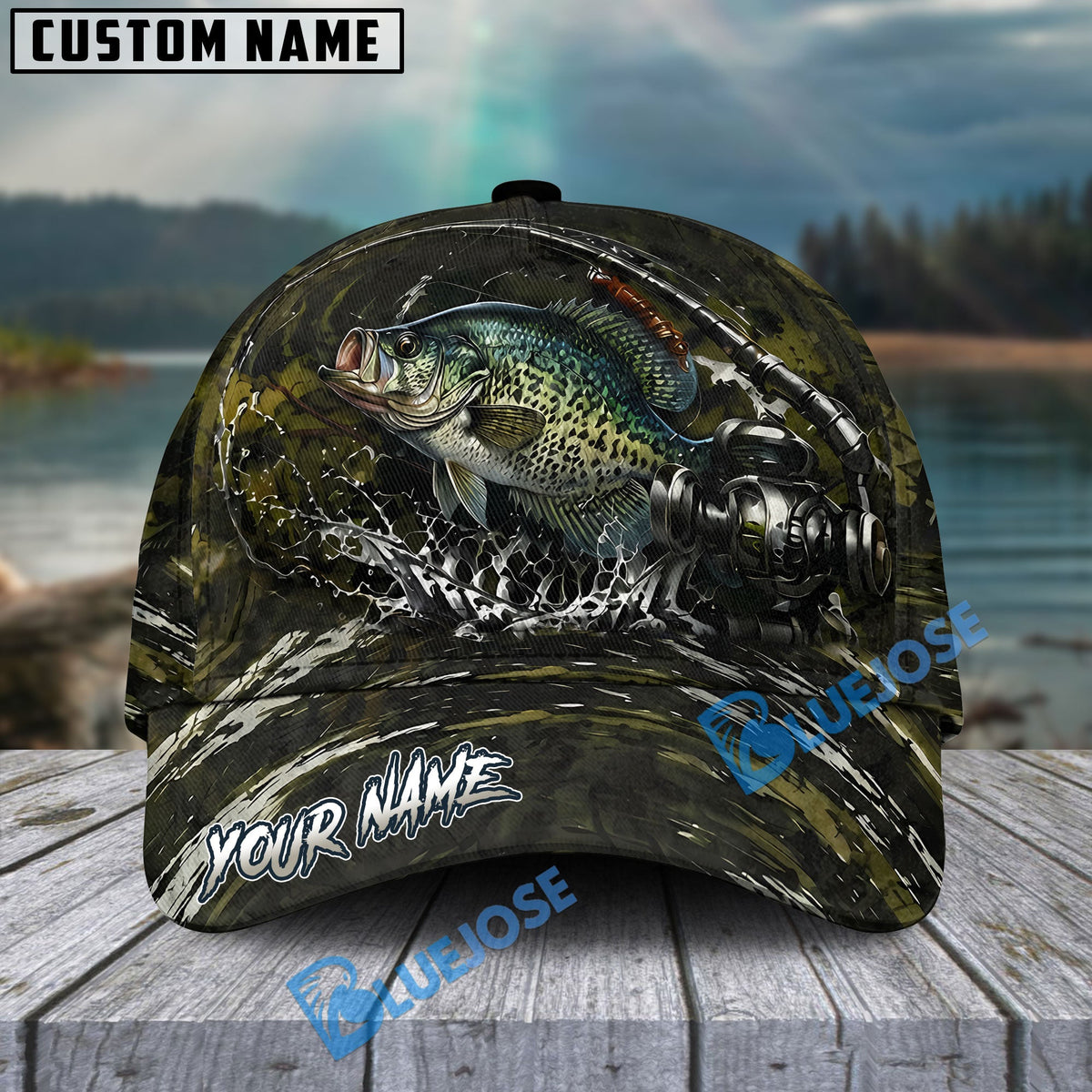 BlueJose Fishing Camouflage Water Splash Rod Reel Personalized Cap (13 Breeds)