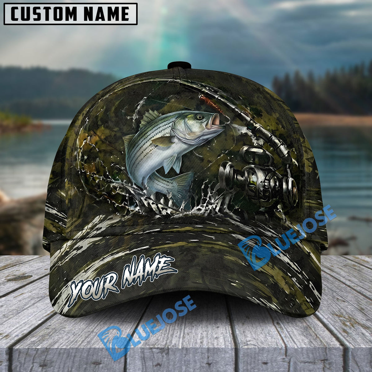 BlueJose Fishing Camouflage Water Splash Rod Reel Personalized Cap (13 Breeds)
