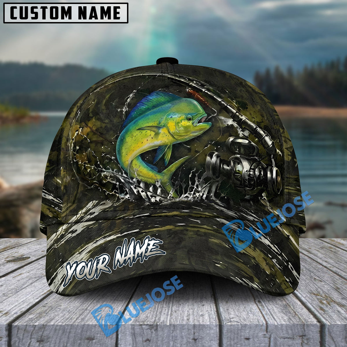 BlueJose Fishing Camouflage Water Splash Rod Reel Personalized Cap (13 Breeds)