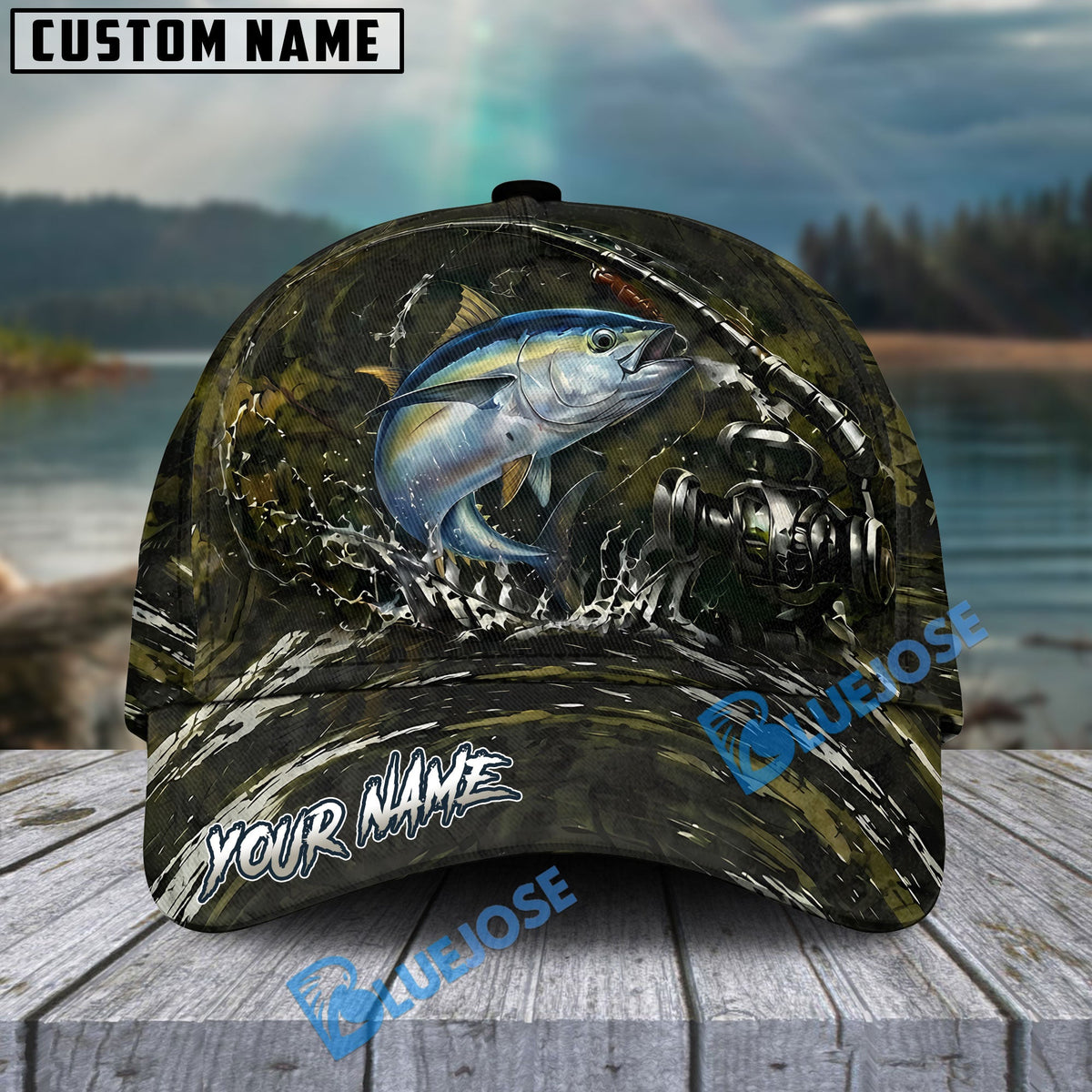 BlueJose Fishing Camouflage Water Splash Rod Reel Personalized Cap (13 Breeds)