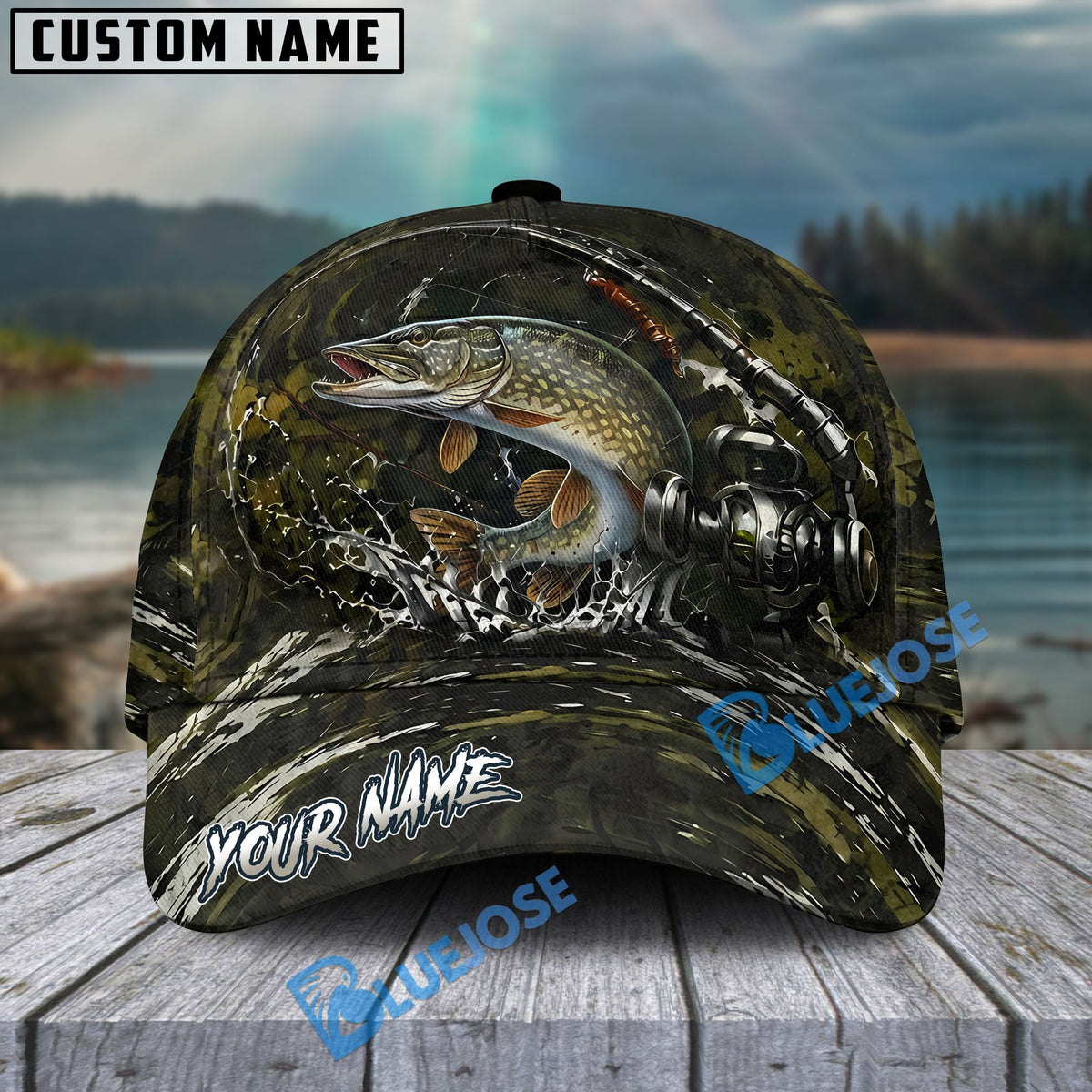BlueJose Fishing Camouflage Water Splash Rod Reel Personalized Cap (13 Breeds)