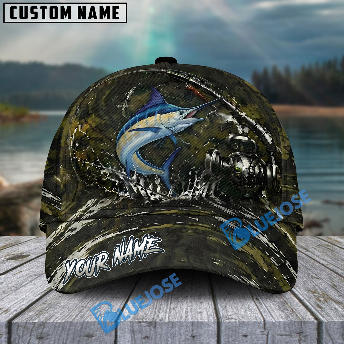 BlueJose Fishing Camouflage Water Splash Rod Reel Personalized Cap (13 Breeds)