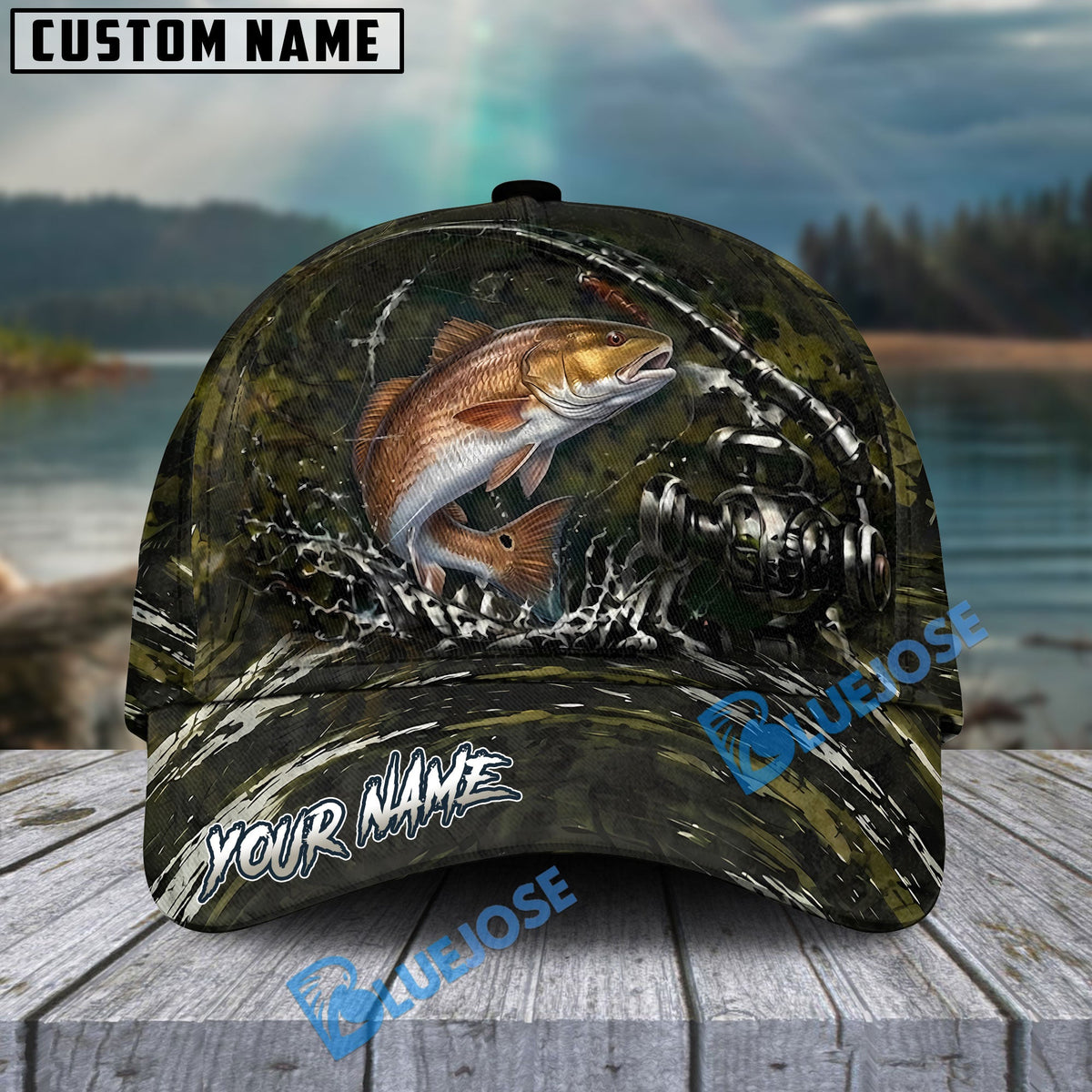 BlueJose Fishing Camouflage Water Splash Rod Reel Personalized Cap (13 Breeds)