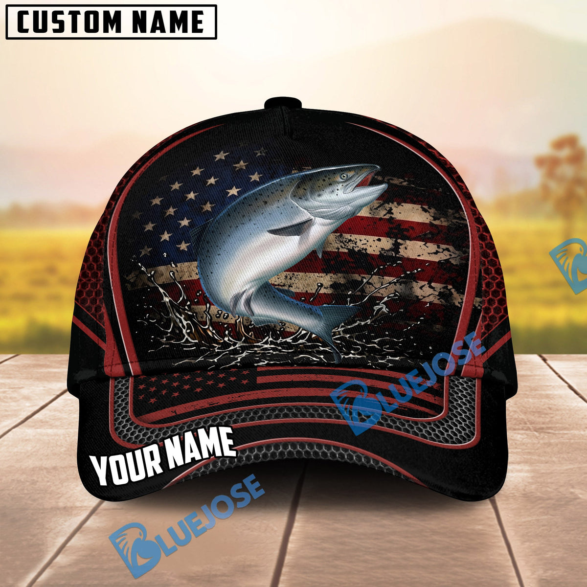 BlueJose Fishing American Flag Black Red Personalized Cap (13 Breeds)