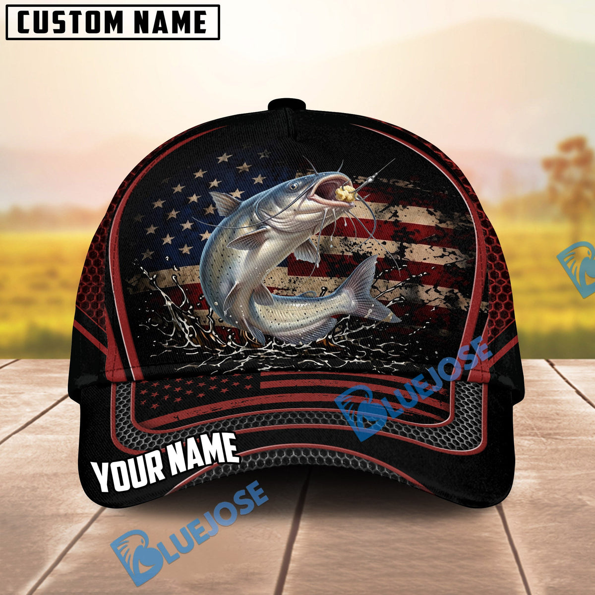 BlueJose Fishing American Flag Black Red Personalized Cap (13 Breeds)
