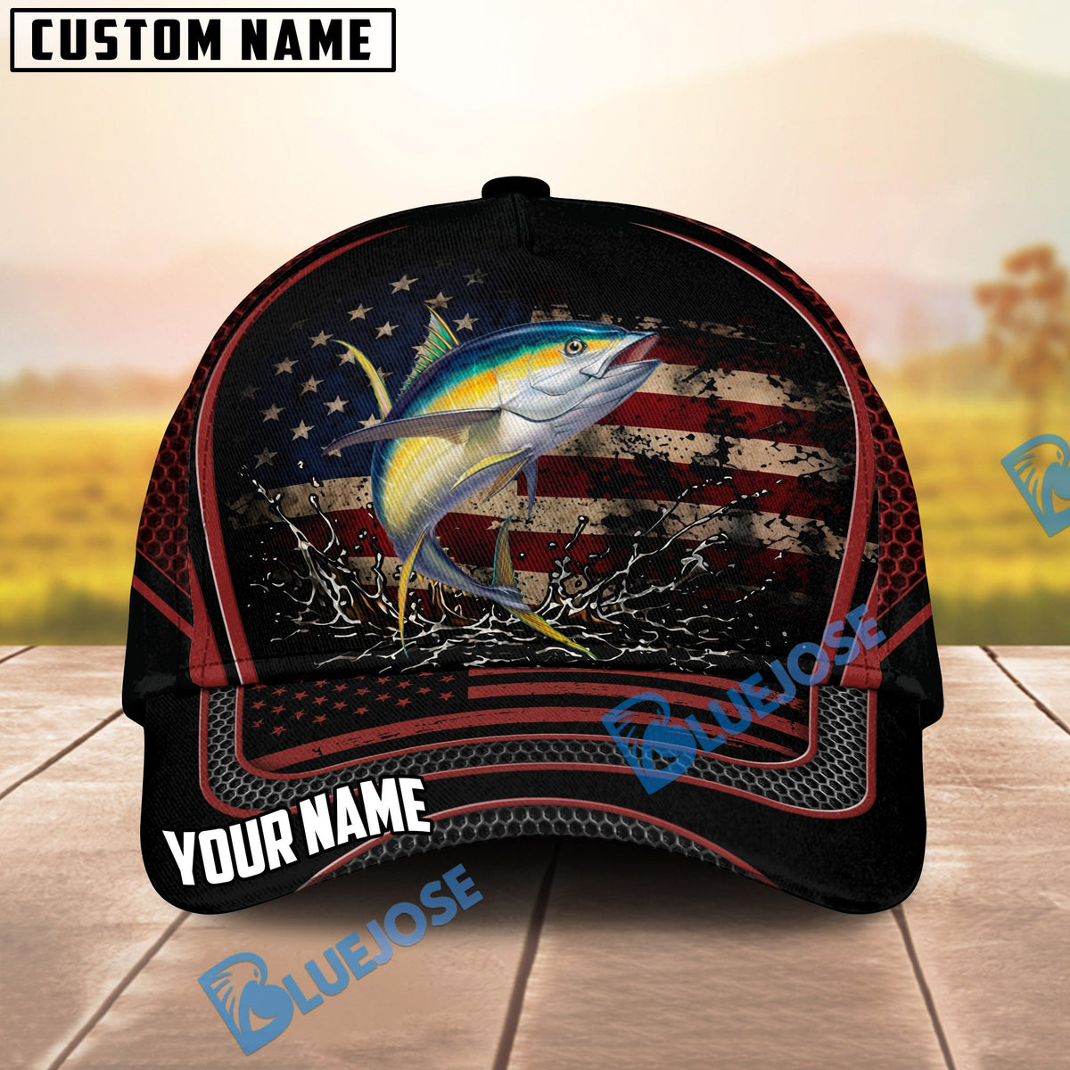 BlueJose Fishing American Flag Black Red Personalized Cap (13 Breeds)
